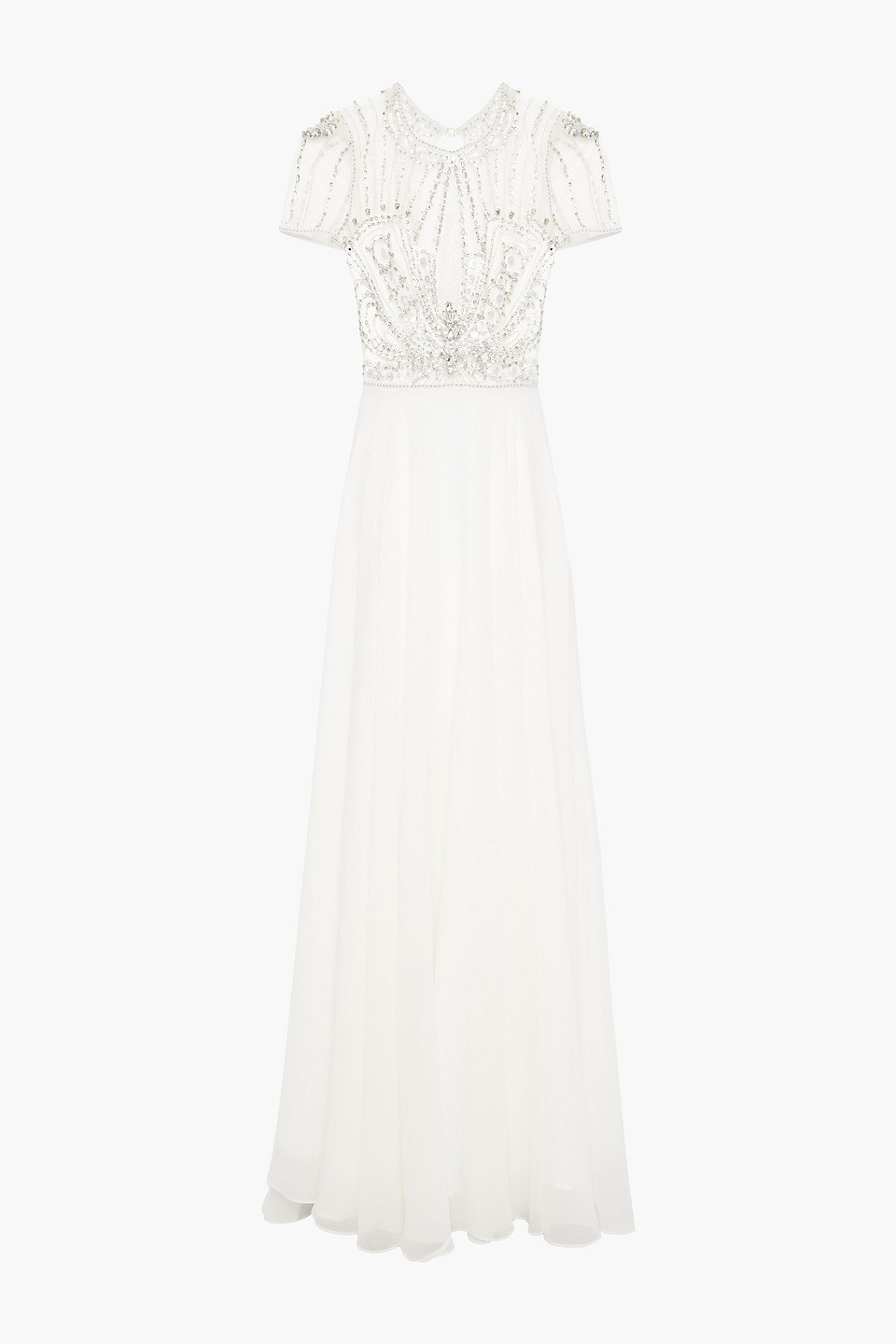 jenny packham - amaryllis embellished tulle-paneled chiffon bridal gown - white - uk 6