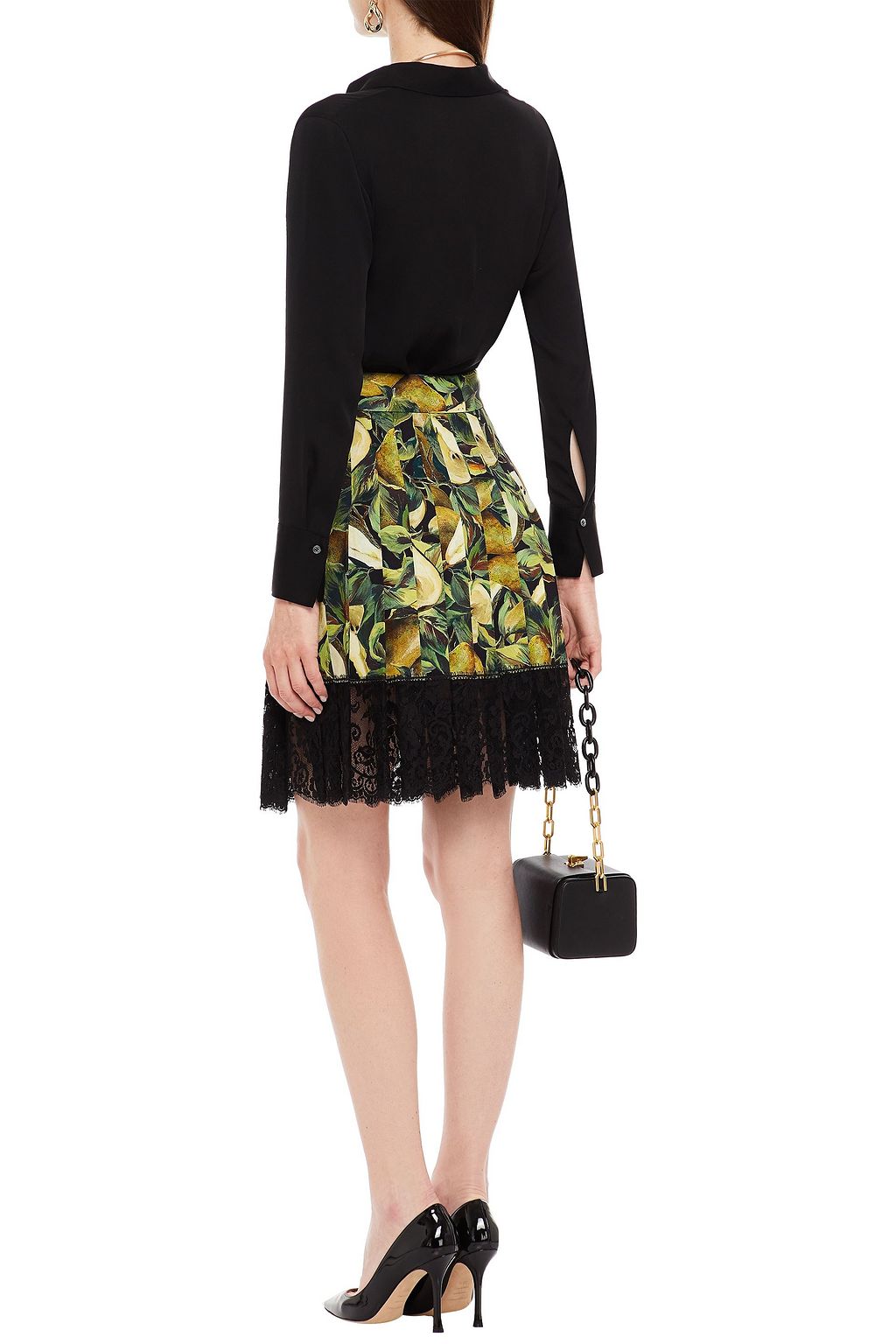 DOLCE&GABBANA Lace-trimmed pleated printed stretch-crepe mini skirt