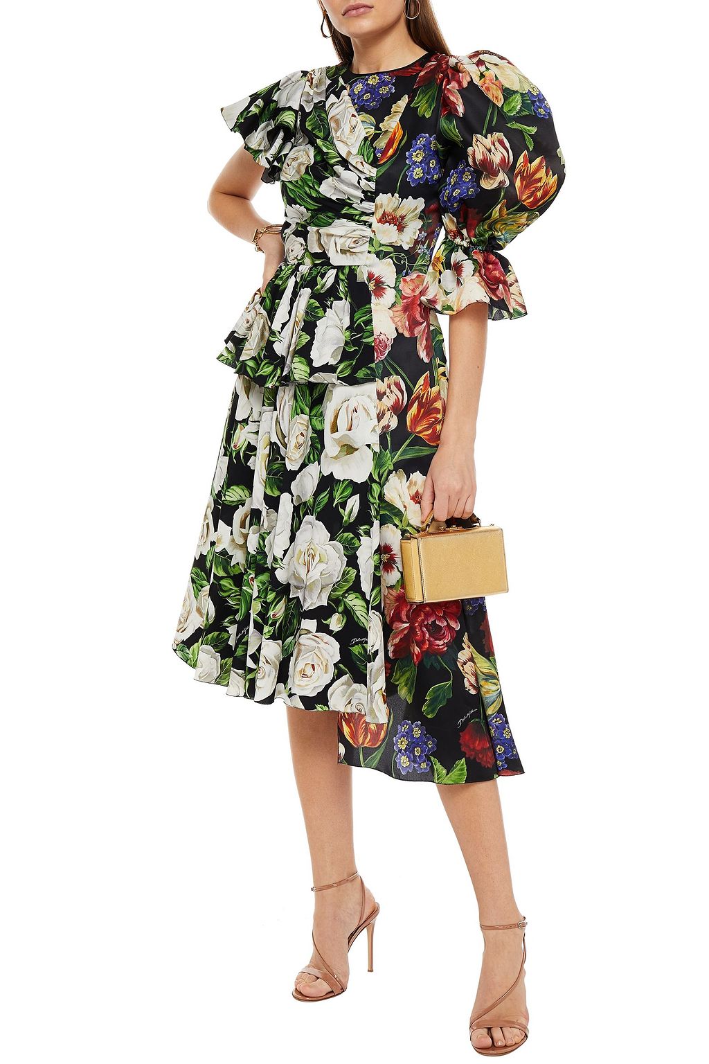 DOLCE&GABBANA Asymmetric paneled floral-print silk-blend crepe de chine midi dress