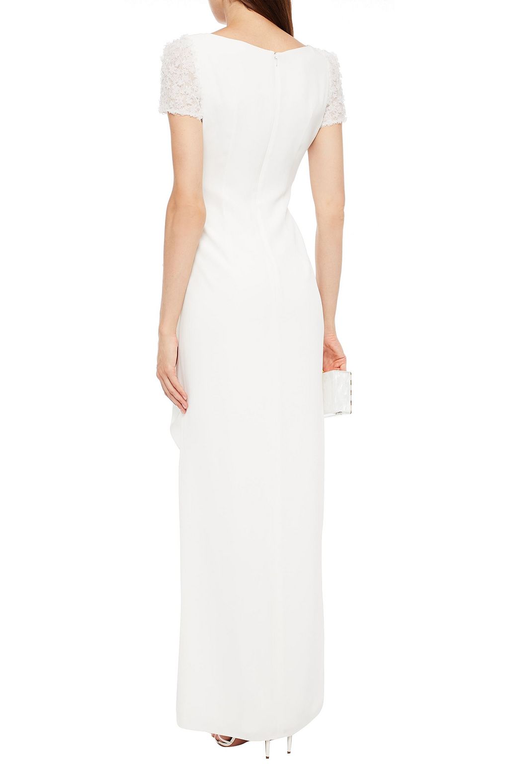 JENNY PACKHAM Camellia embellished lace-paneled draped cady bridal gown