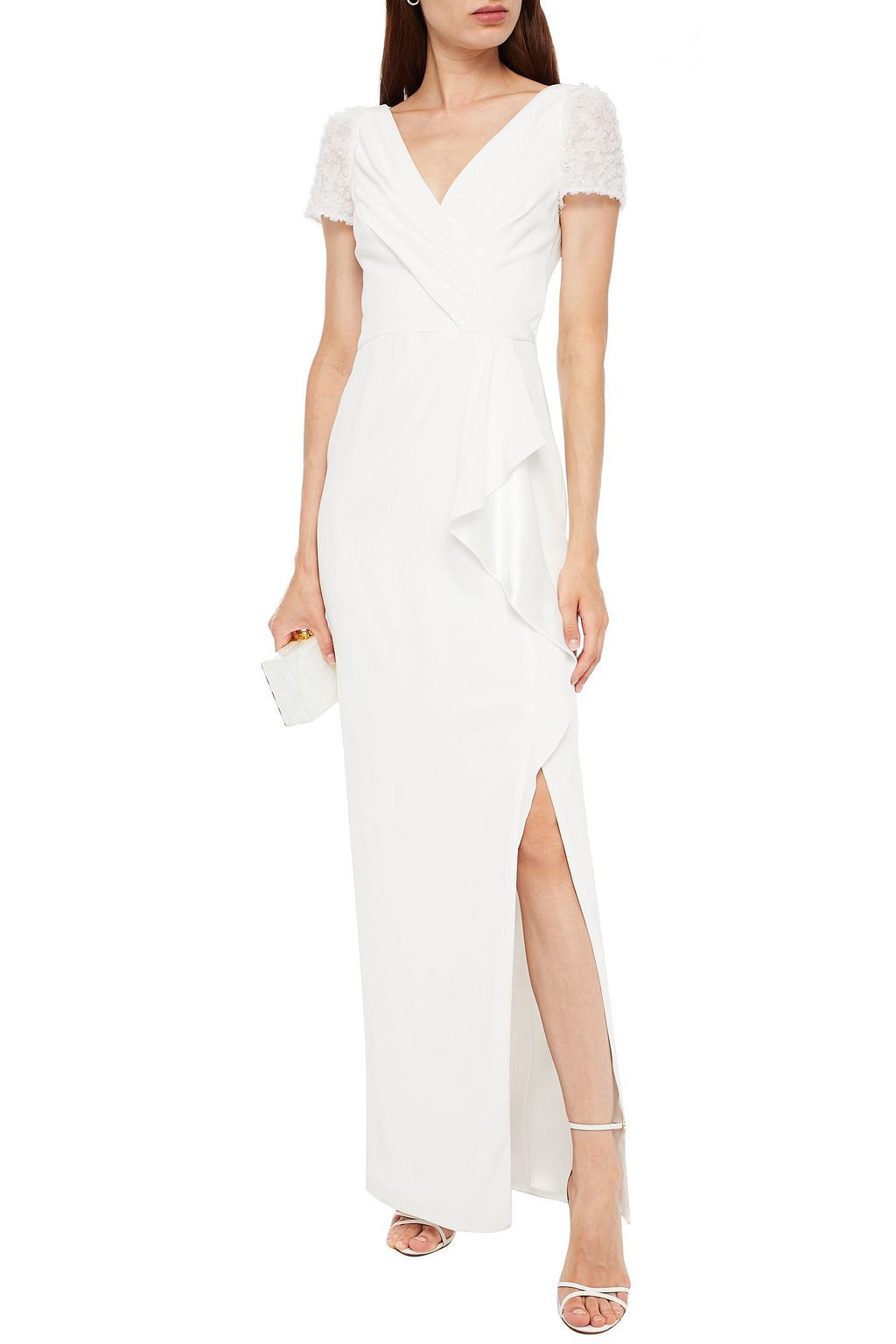 JENNY PACKHAM Camellia embellished lace-paneled draped cady bridal gown
