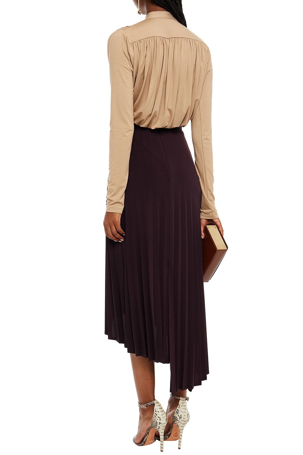 HALSTON Ella asymmetric wrap-effect pleated jersey midi skirt