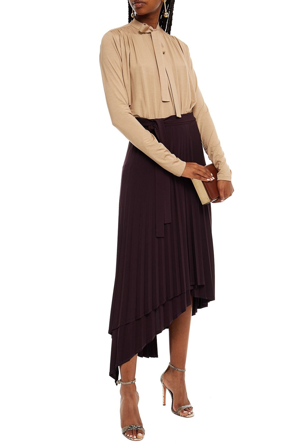HALSTON Ella asymmetric wrap-effect pleated jersey midi skirt