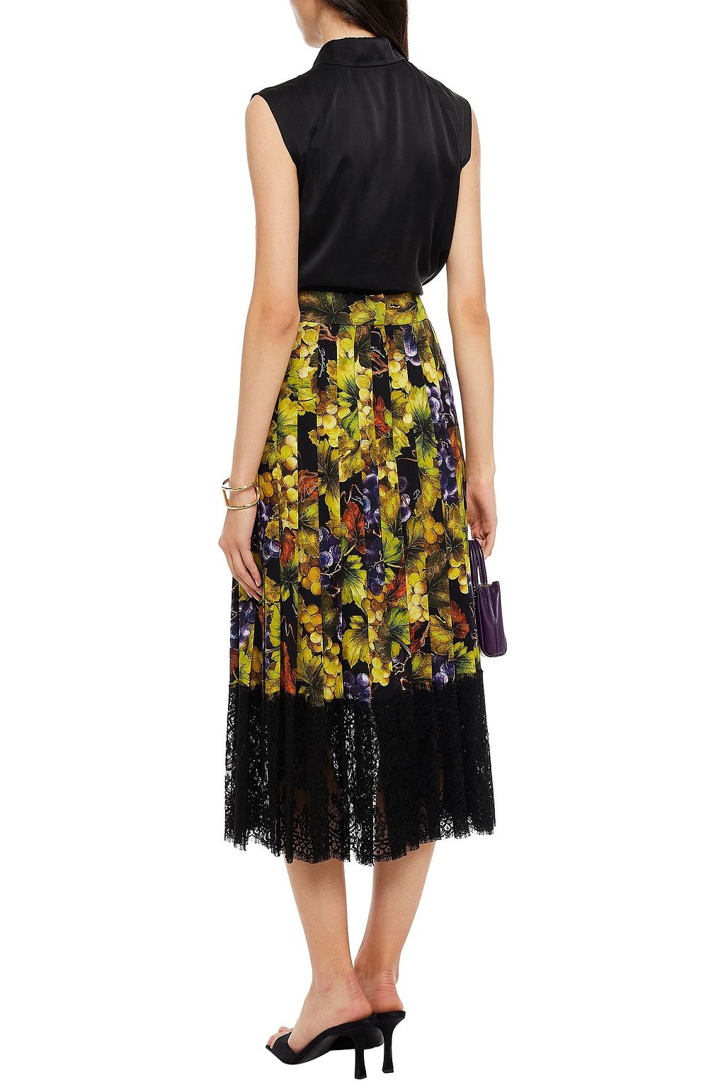 DOLCE&GABBANA Lace-paneled printed silk-blend crepe de chine midi skirt