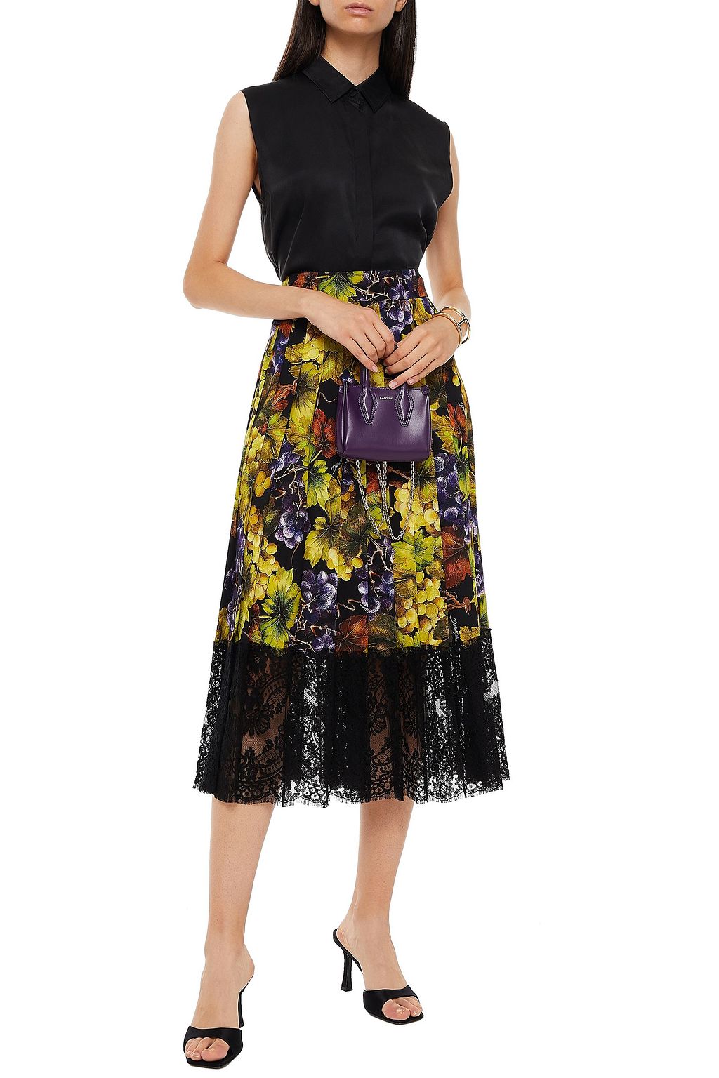 DOLCE&GABBANA Lace-paneled printed silk-blend crepe de chine midi skirt