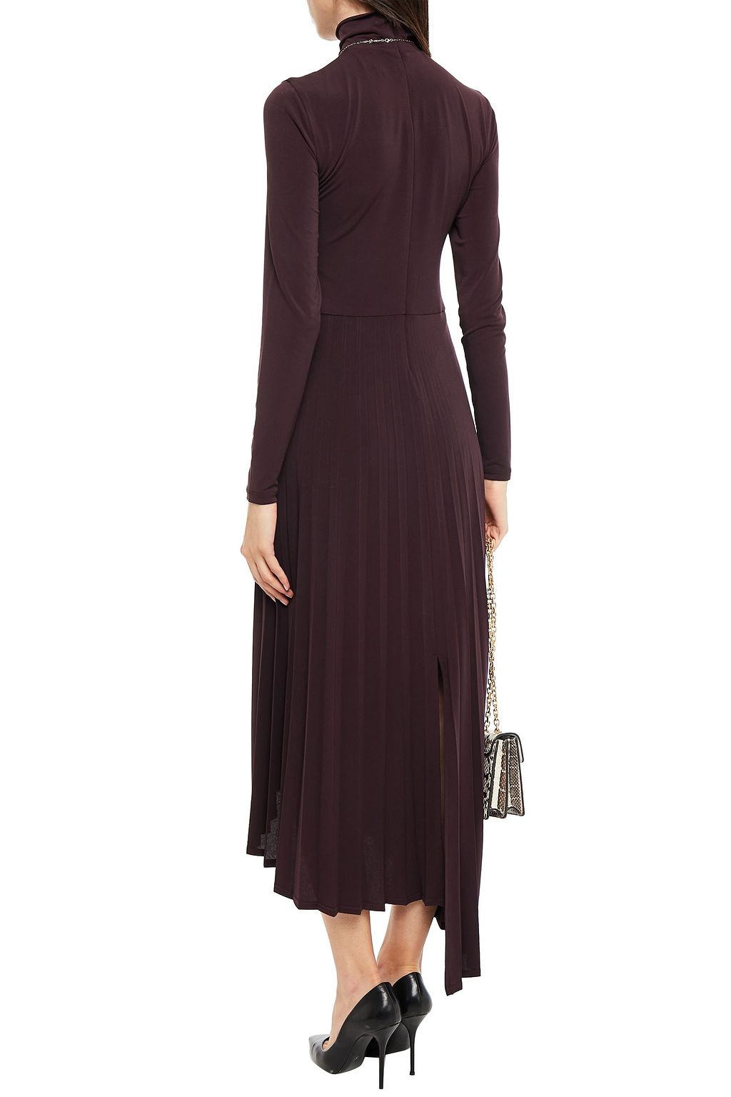 HALSTON Liv asymmetric pleated stretch-jersey turtleneck midi dress