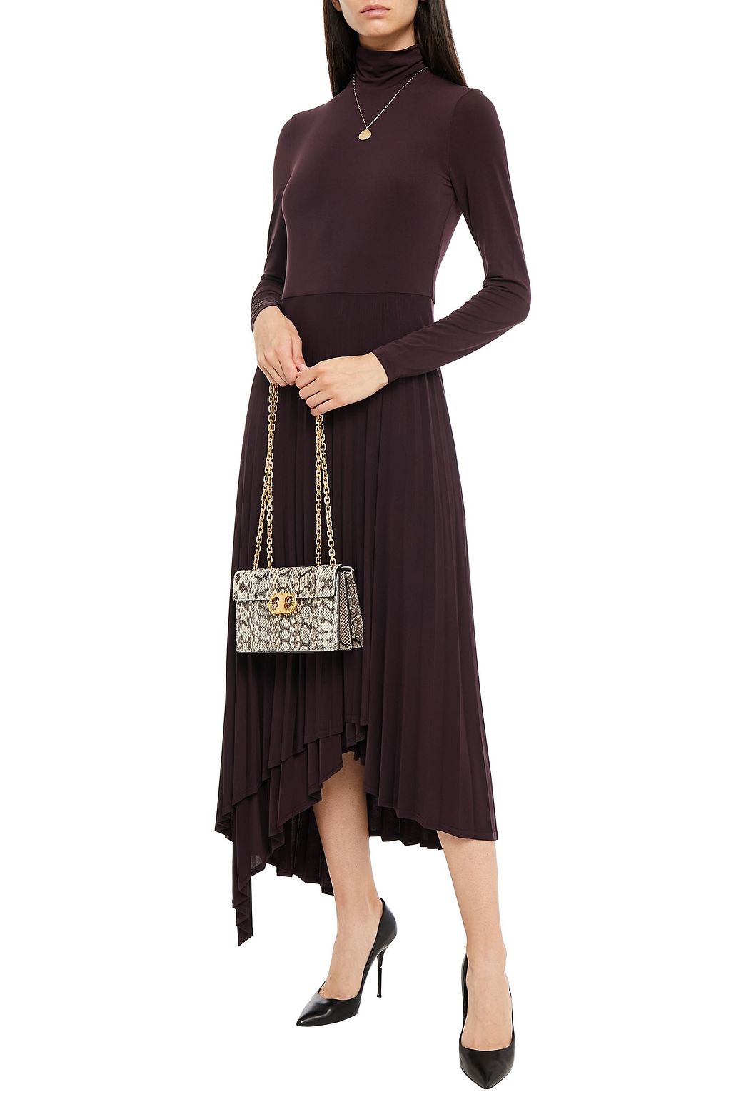 HALSTON Liv asymmetric pleated stretch-jersey turtleneck midi dress