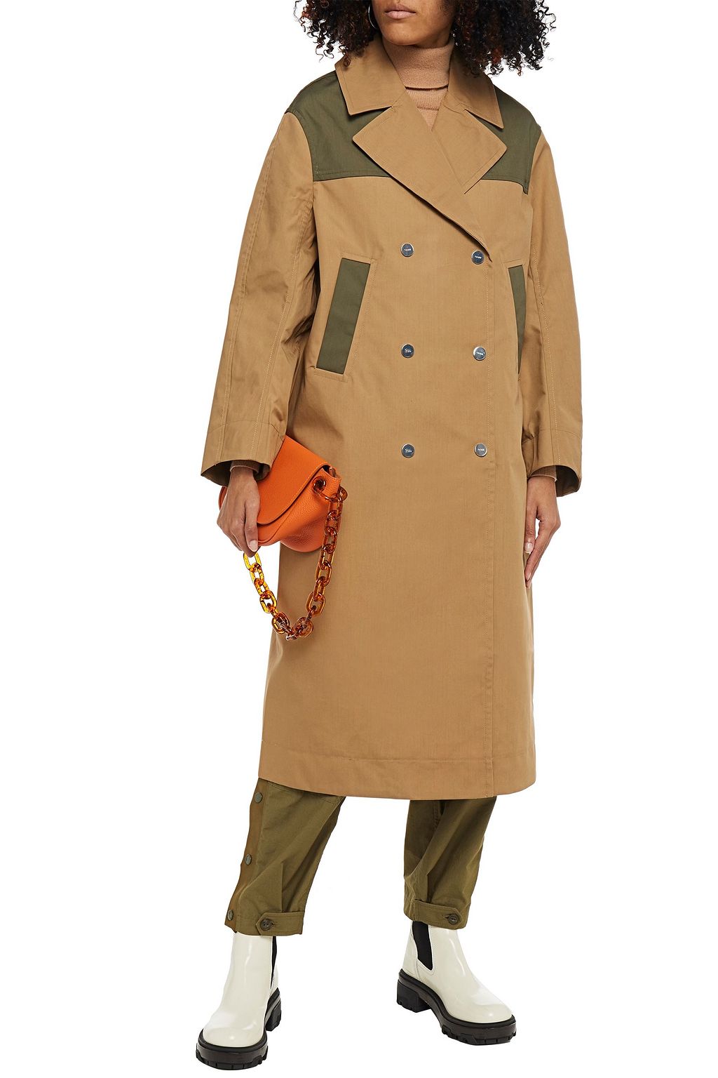 GANNI Double-breasted two-tone cotton-blend coat