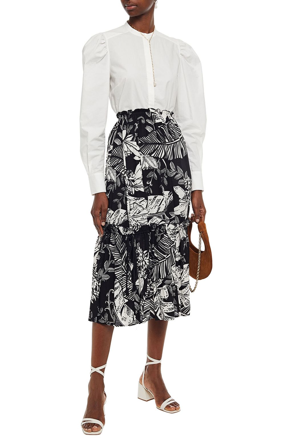 SEE BY CHLOÉ Ruffle-trimmed printed cotton-blend midi skirt