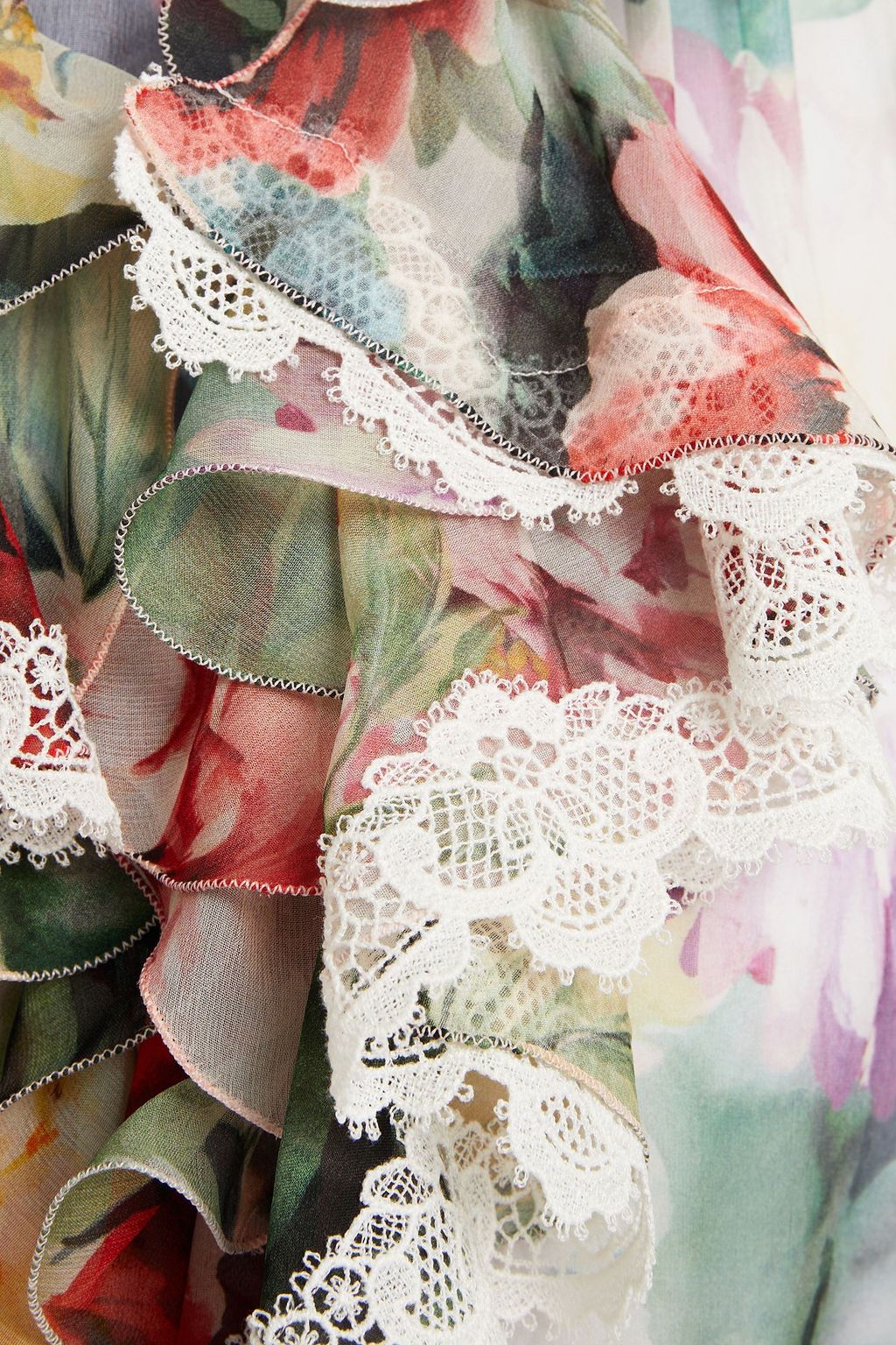 DOLCE&GABBANA Lace-trimmed ruffled floral-print silk-blend chiffon blouse