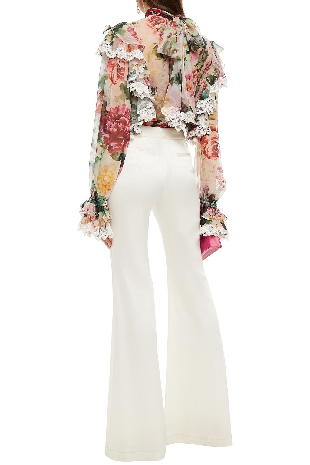 DOLCE&GABBANA Lace-trimmed ruffled floral-print silk-blend chiffon blouse