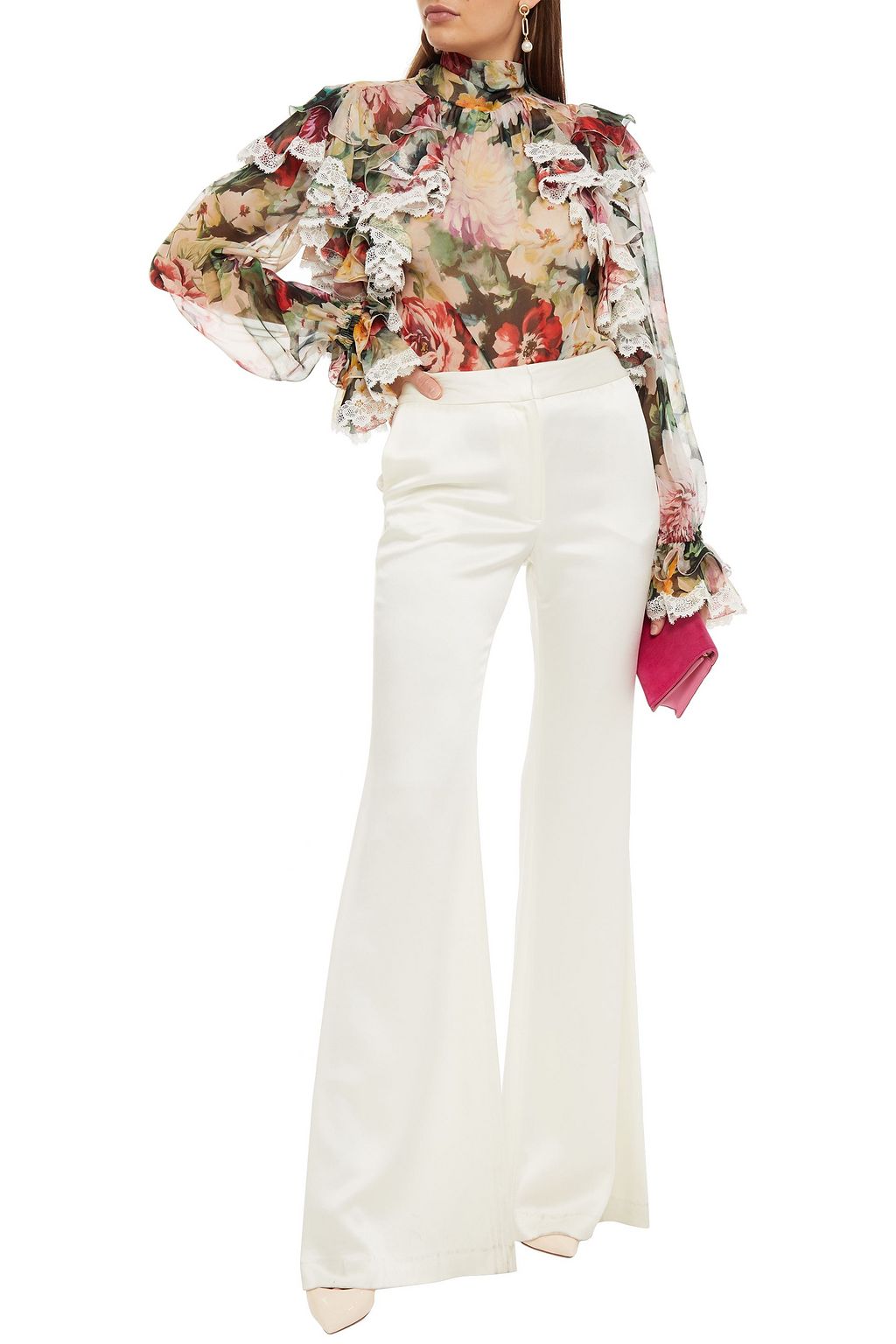 DOLCE&GABBANA Lace-trimmed ruffled floral-print silk-blend chiffon blouse