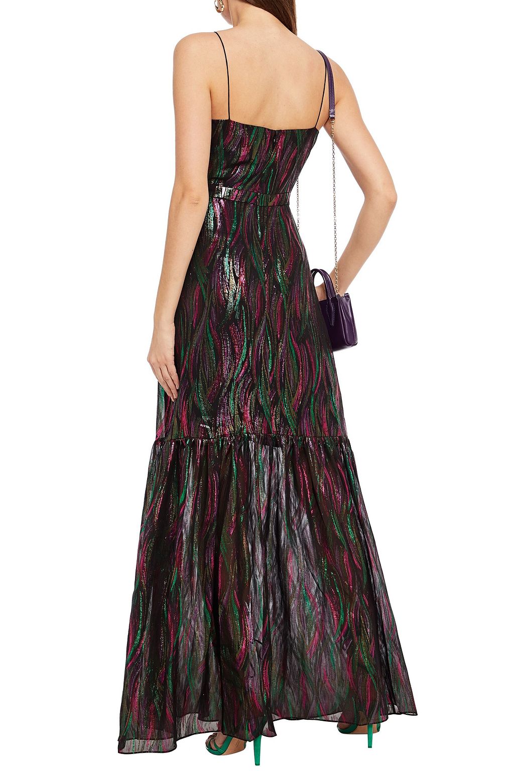 SALONI Ruffled metallic silk-blend jacquard midi dress
