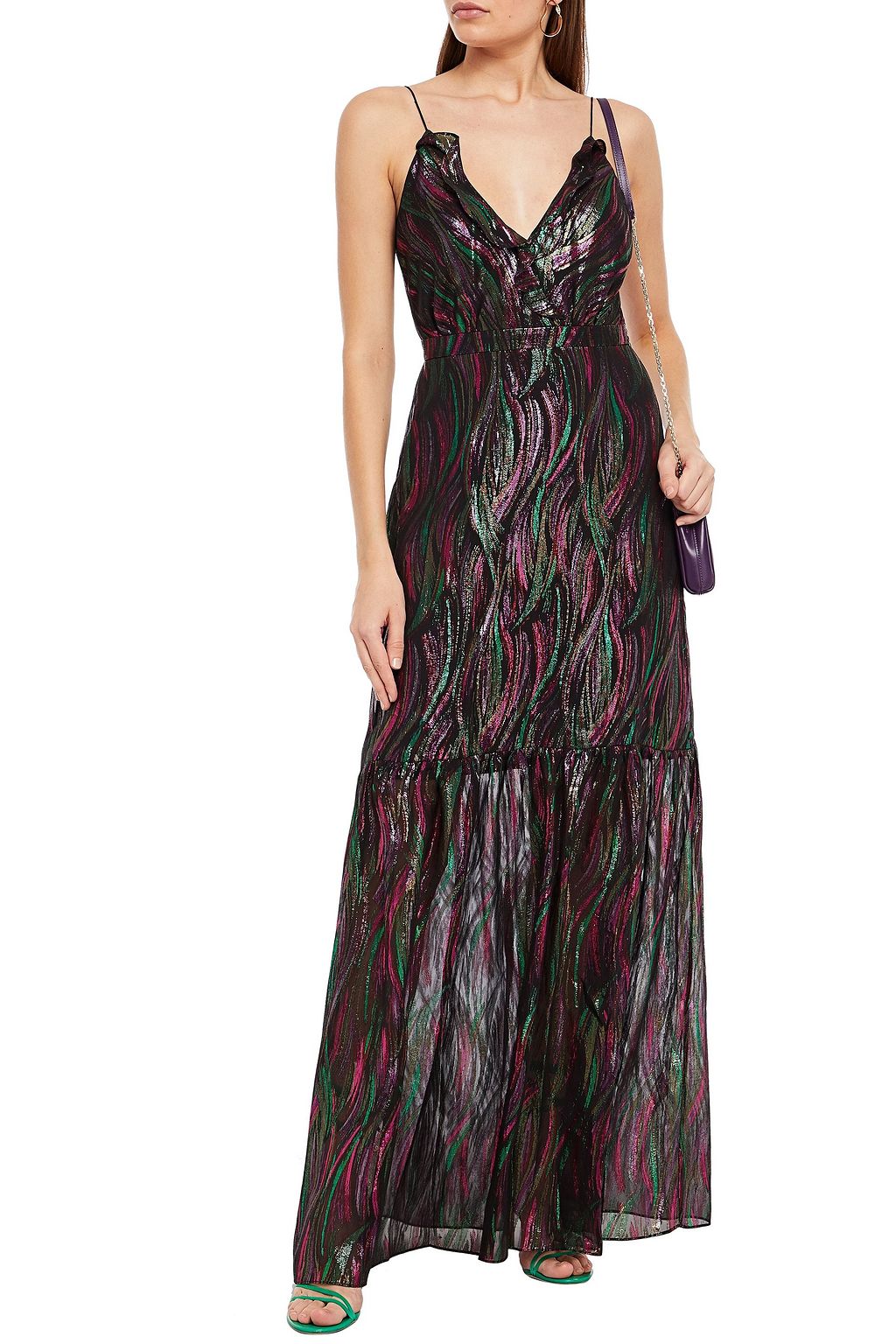SALONI Ruffled metallic silk-blend jacquard midi dress