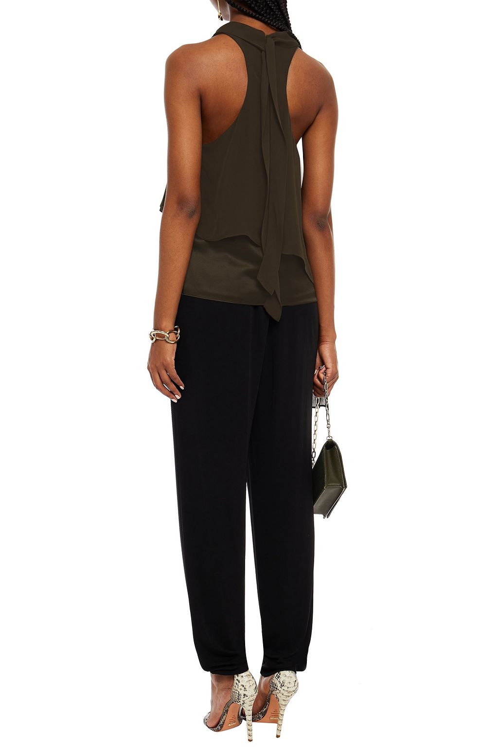 HALSTON Sasha tie-neck layered silk crepe de chine and satin top