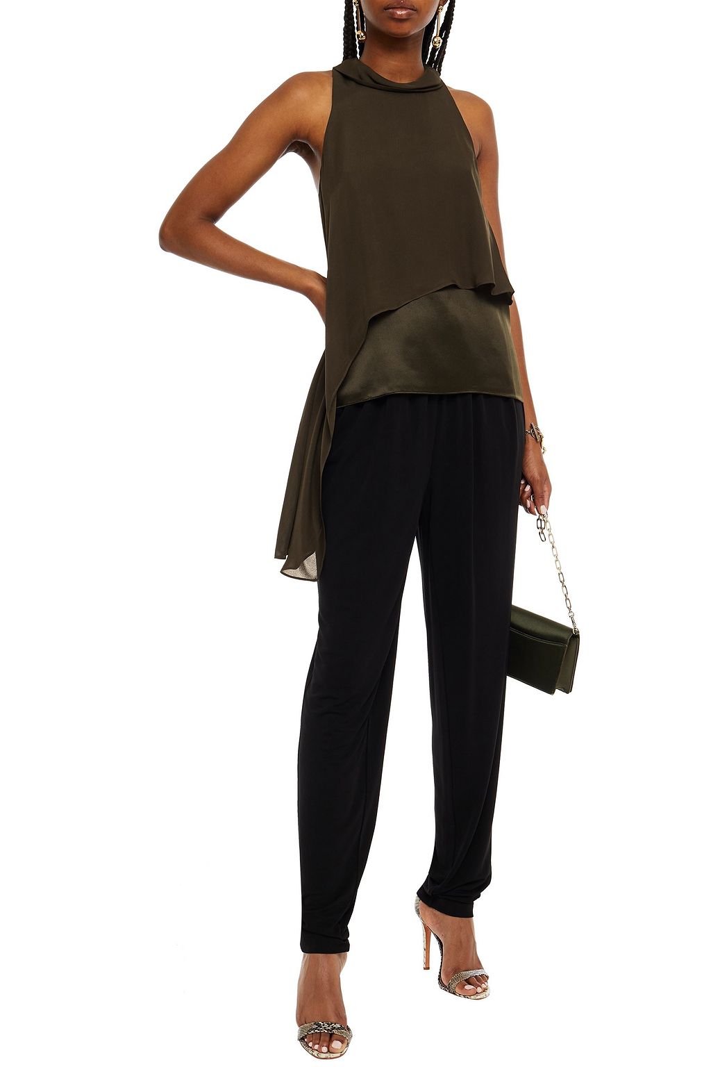 HALSTON Sasha tie-neck layered silk crepe de chine and satin top