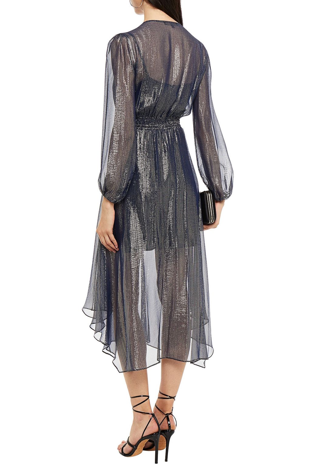 MAJE Wrap-effect metallic silk-blend chiffon midi dress