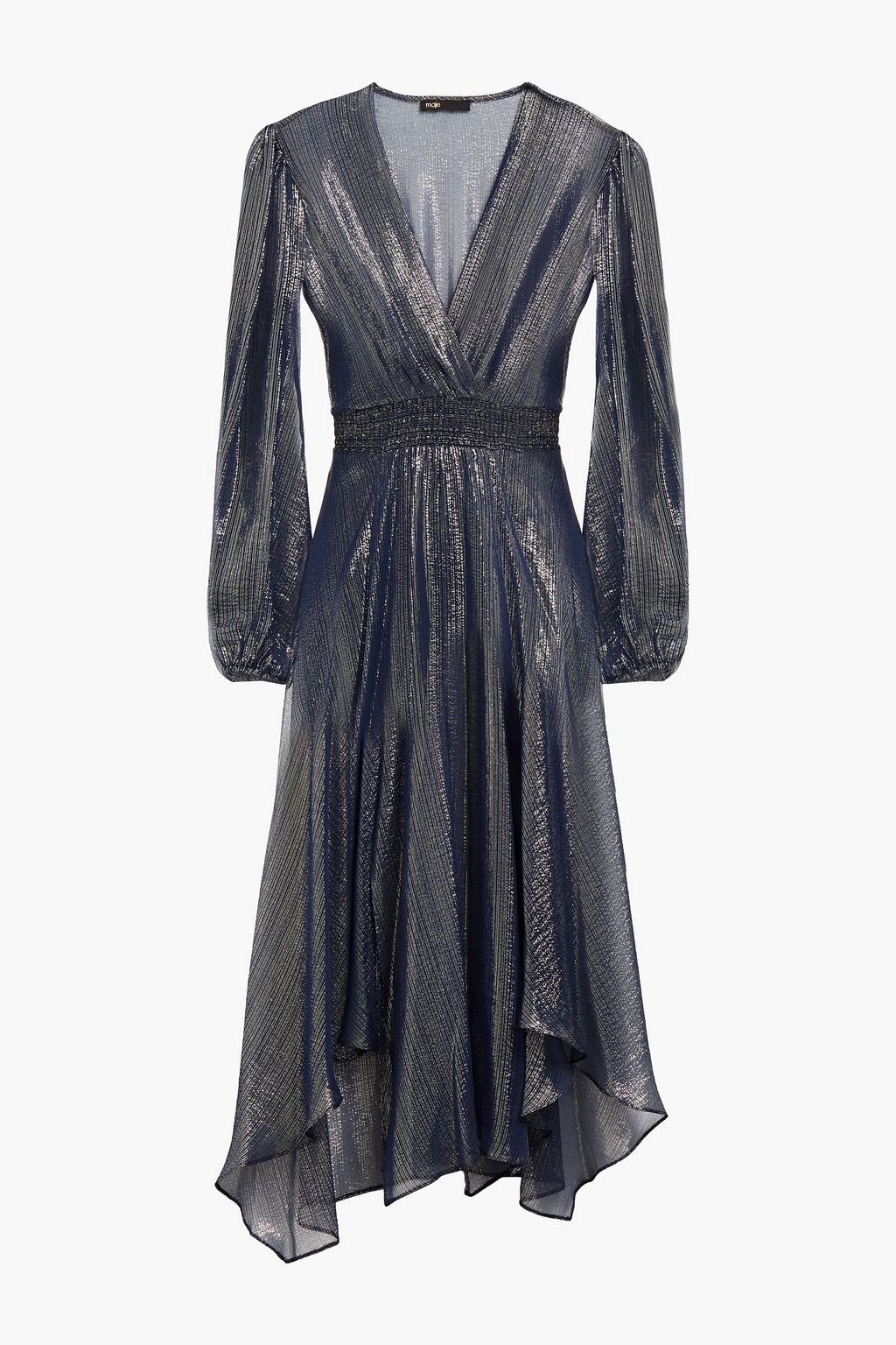 Indigo Ruit wrap-effect metallic silk-blend chiffon midi dress | MAJE ...