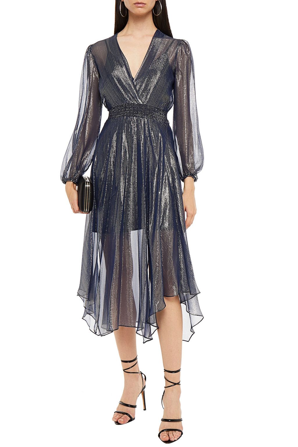 MAJE Wrap-effect metallic silk-blend chiffon midi dress