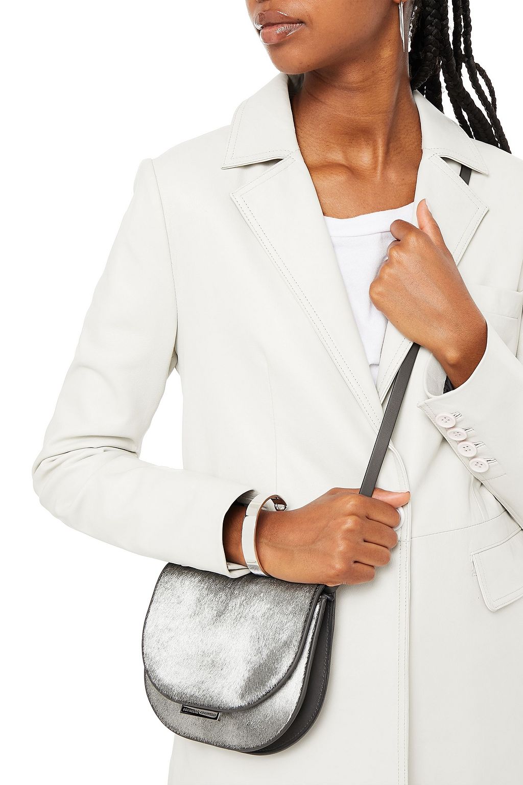 BRUNELLO CUCINELLI Leather-trimmed metallic calf hair shoulder bag