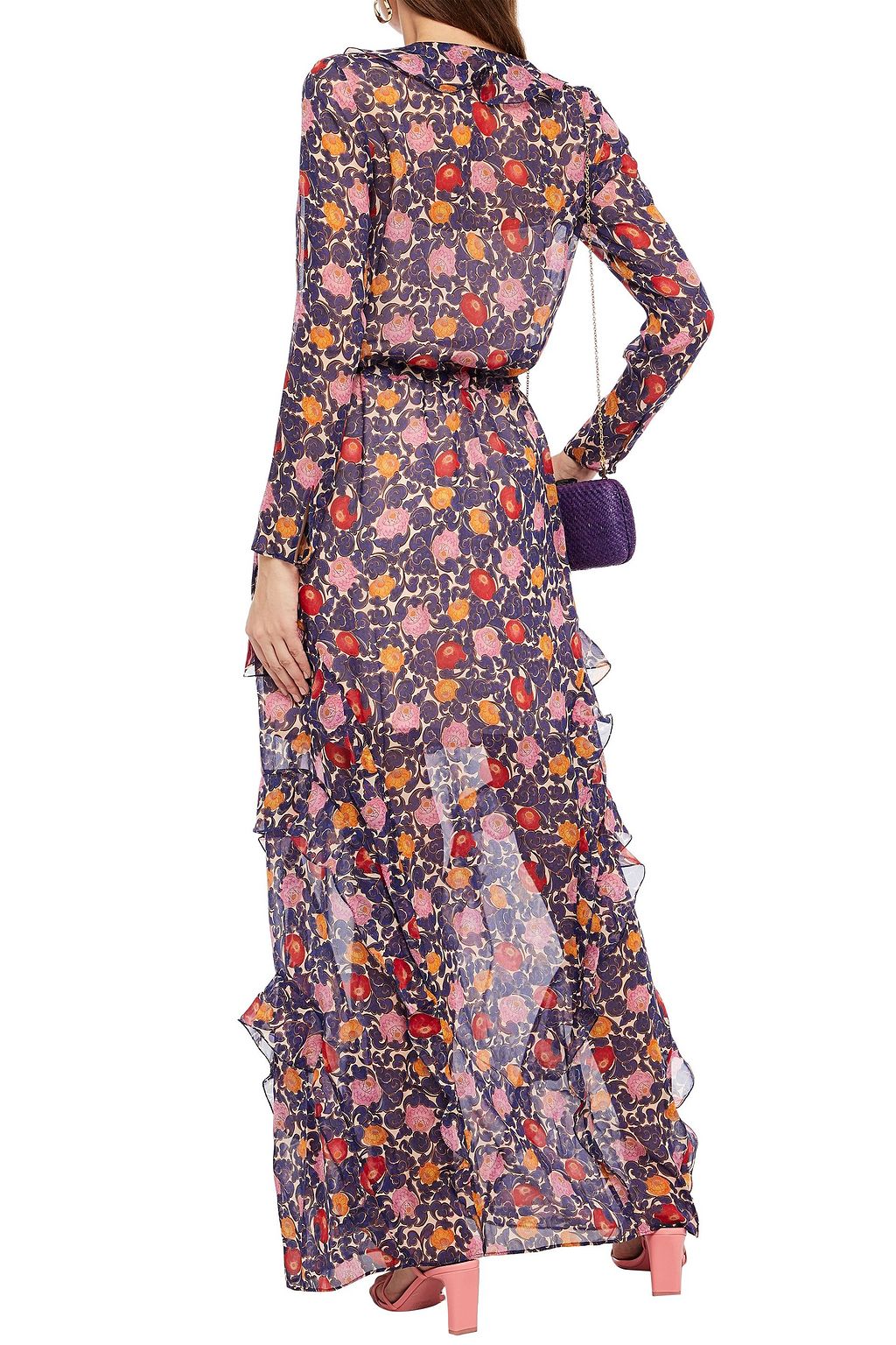 SALONI シルクジョーゼット マキシワンピース ラッフル付き フローラルプリント