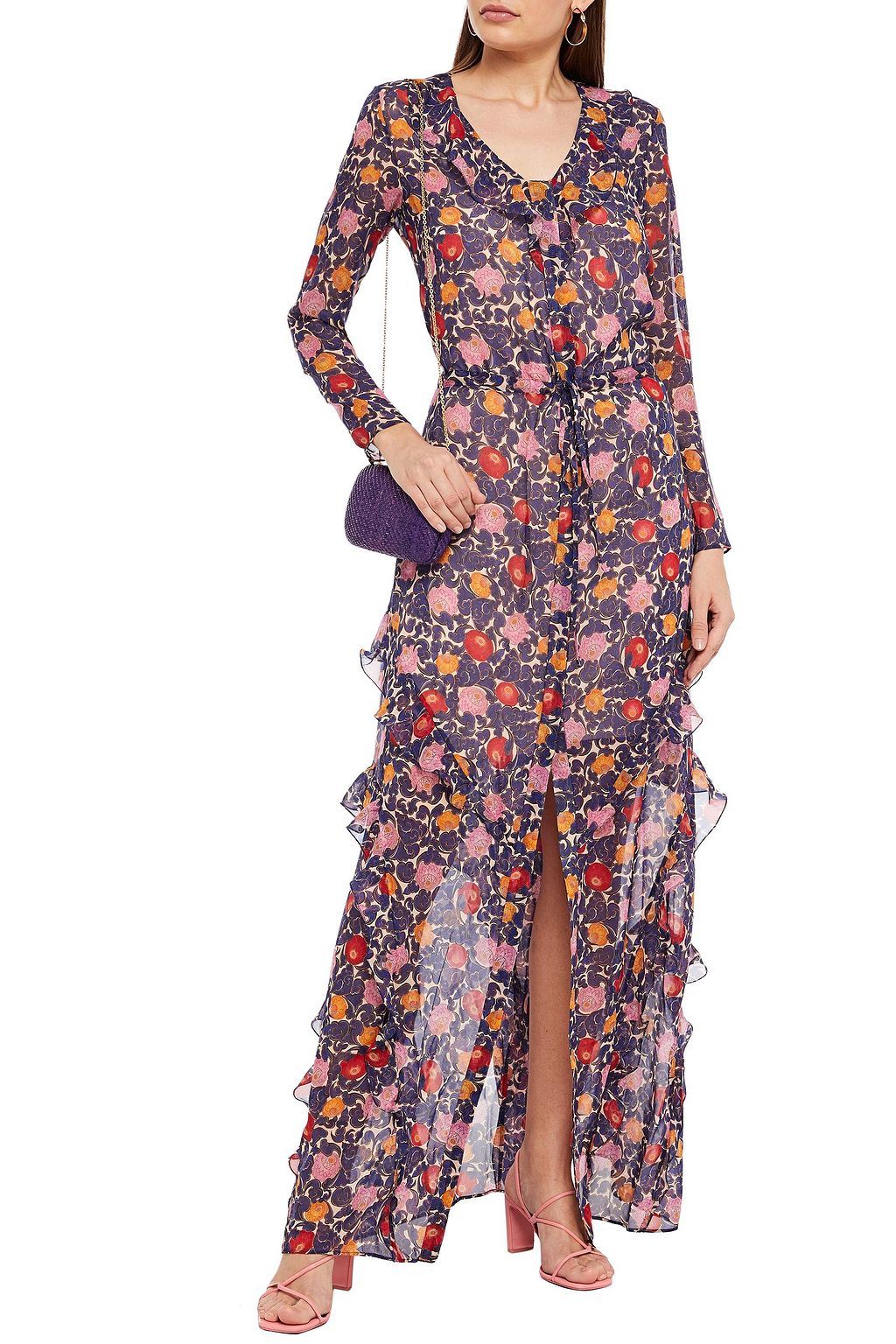 SALONI シルクジョーゼット マキシワンピース ラッフル付き フローラルプリント