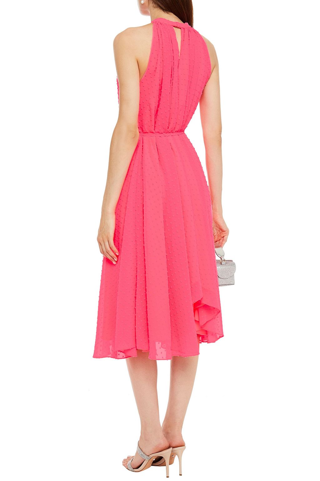 SALONI Iris asymmetric Swiss-dot halterneck midi dress
