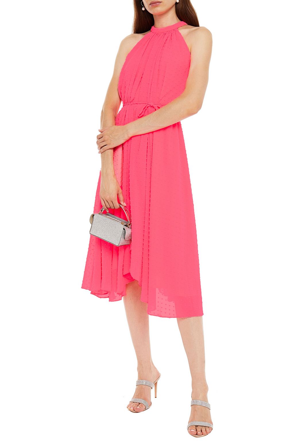 SALONI Iris asymmetric Swiss-dot halterneck midi dress
