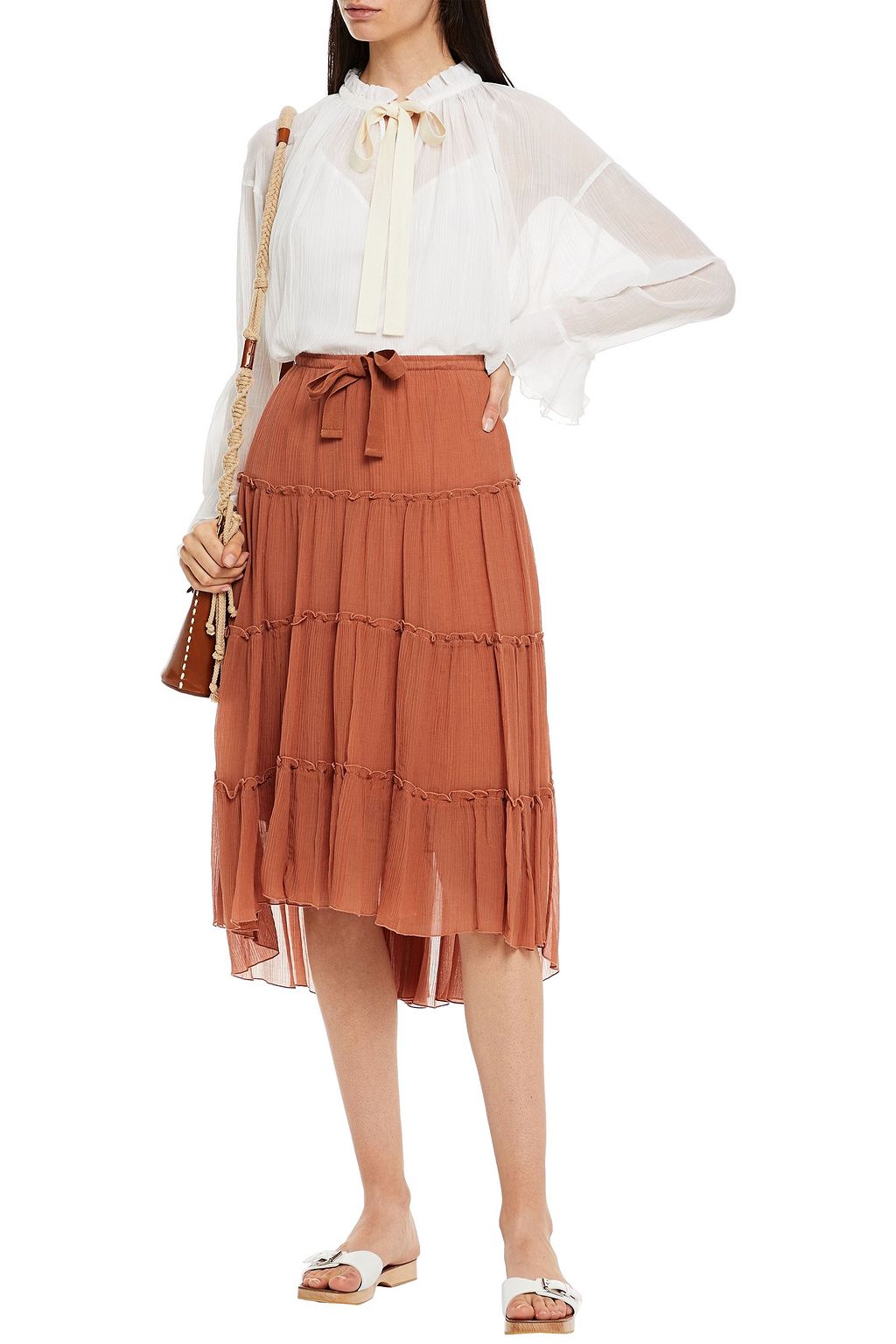 SEE BY CHLOÉ Ruffled cotton and silk-blend crepon midi skirt