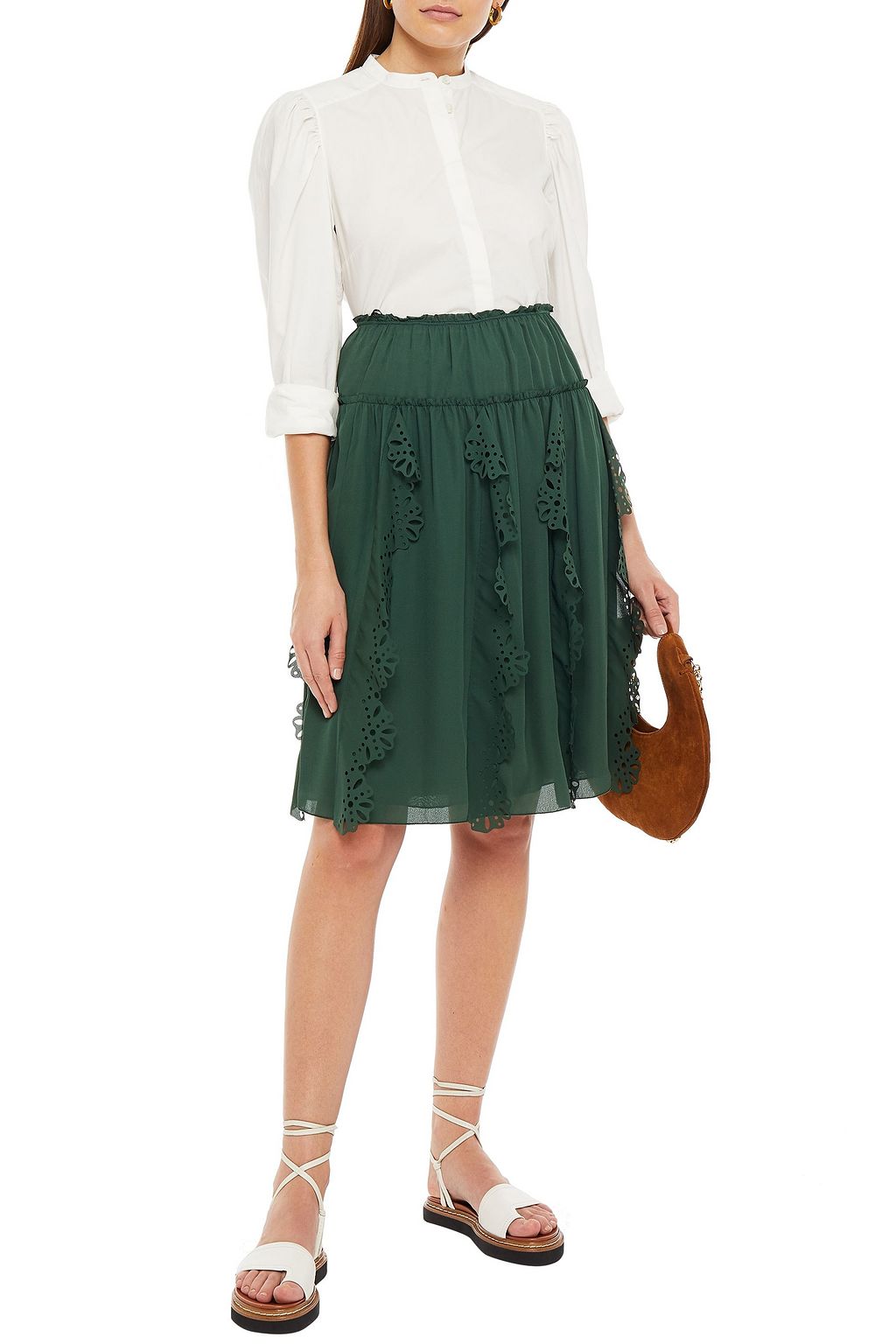 SEE BY CHLOÉ Ruffled laser-cut crepe de chine skirt