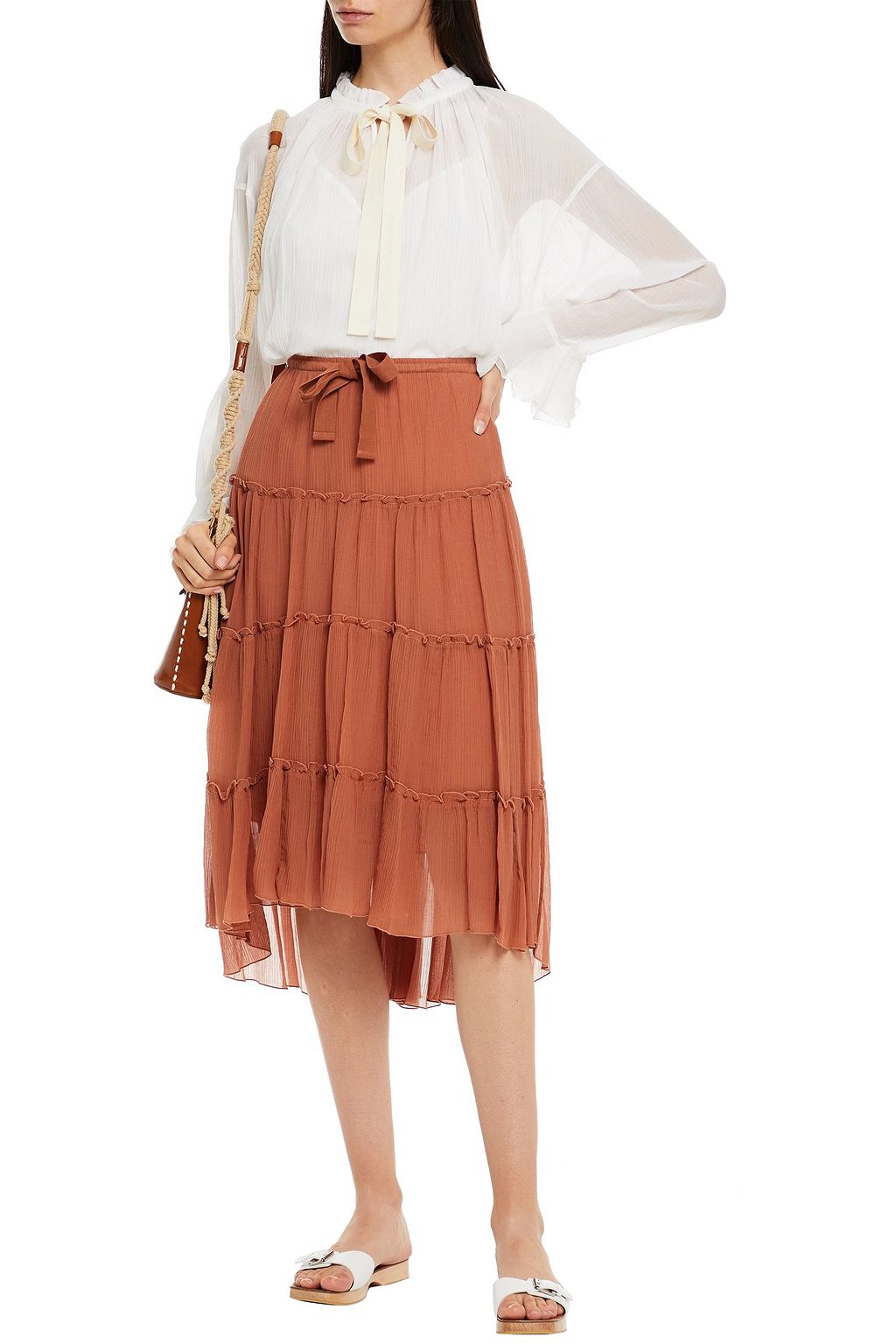 SEE BY CHLOÉ Pussy-bow ruffle-trimmed cotton and silk-blend crepon blouse