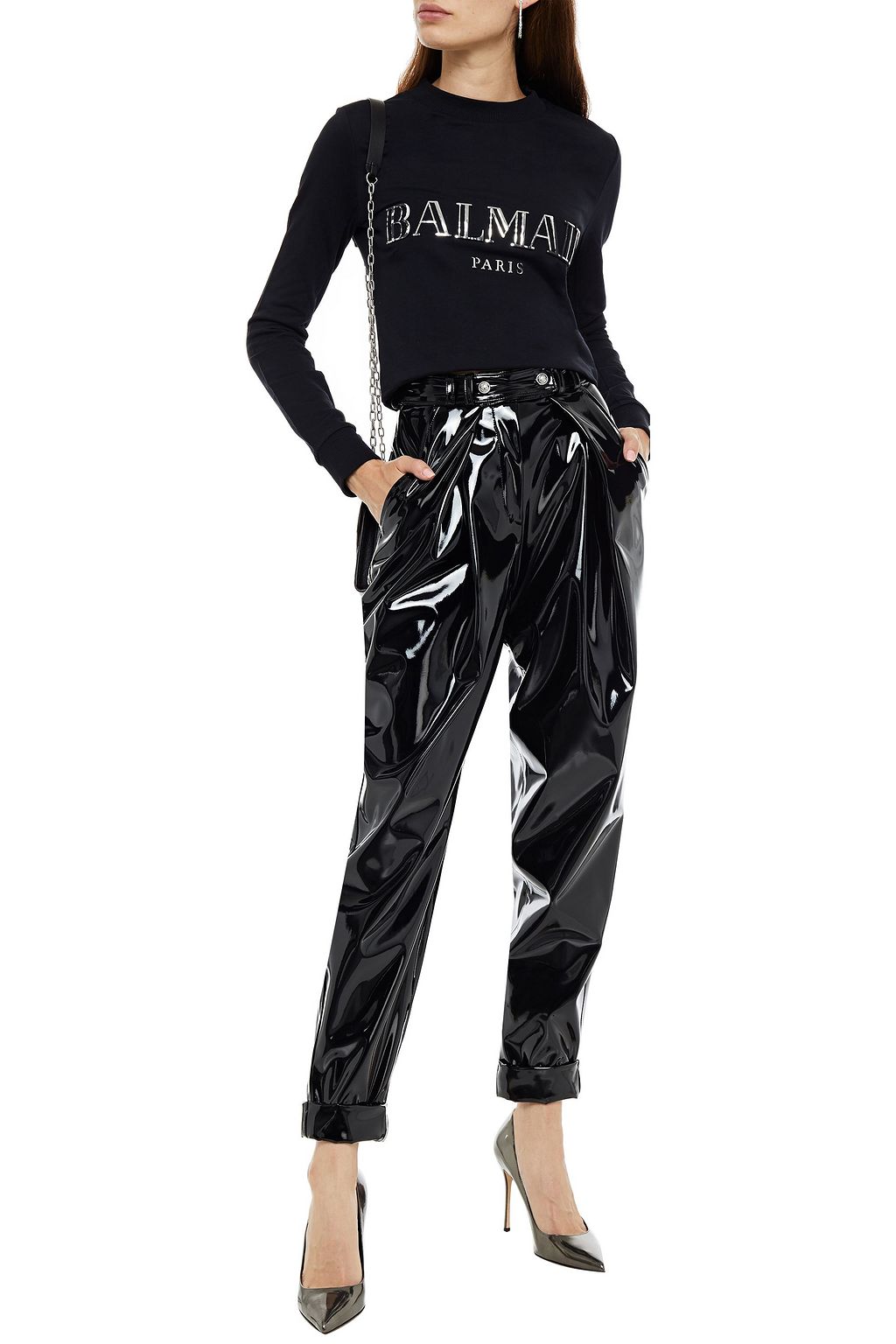BALMAIN Faux glossed-leather tapered pants