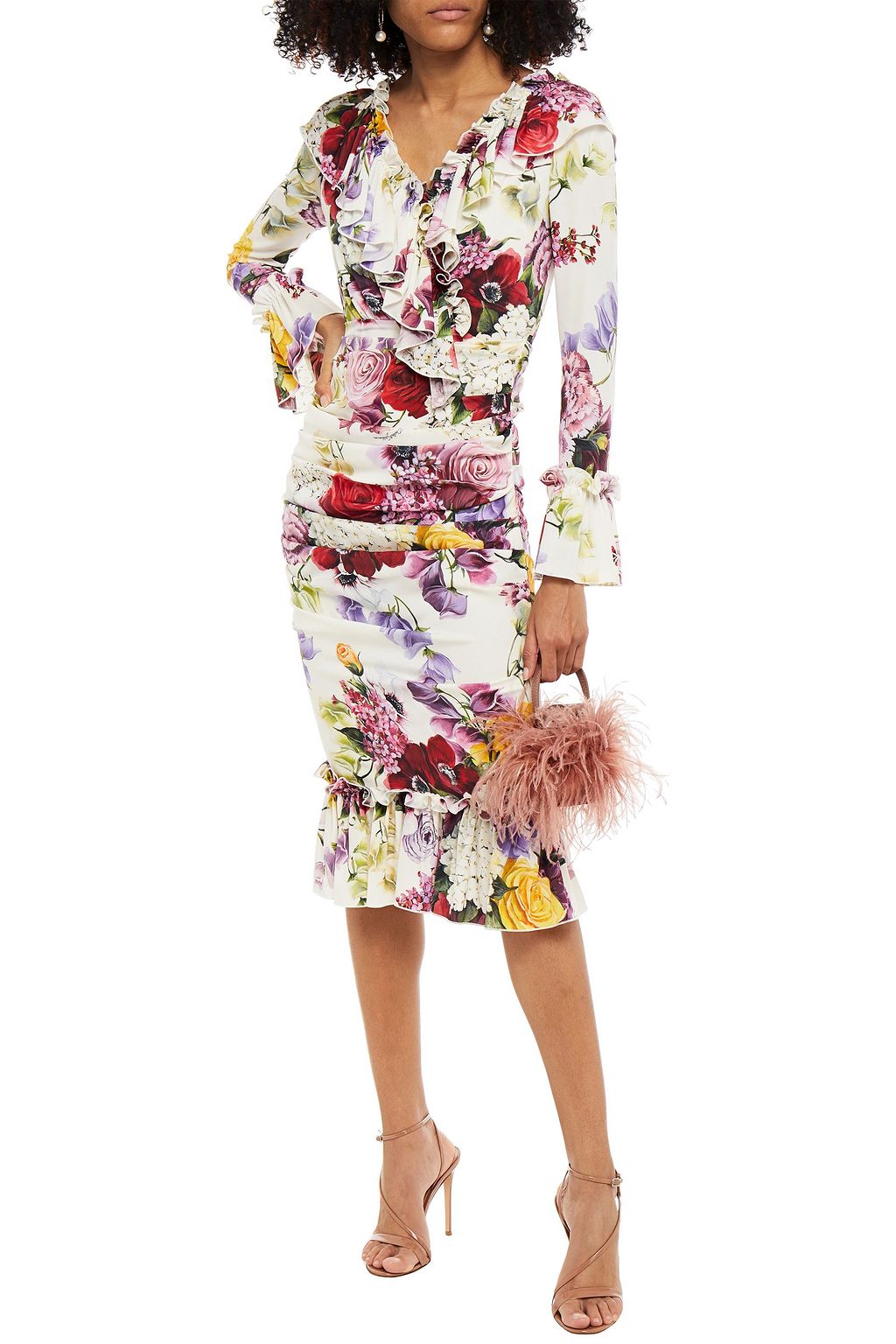 DOLCE&GABBANA Ruched floral-print stretch-silk midi dress
