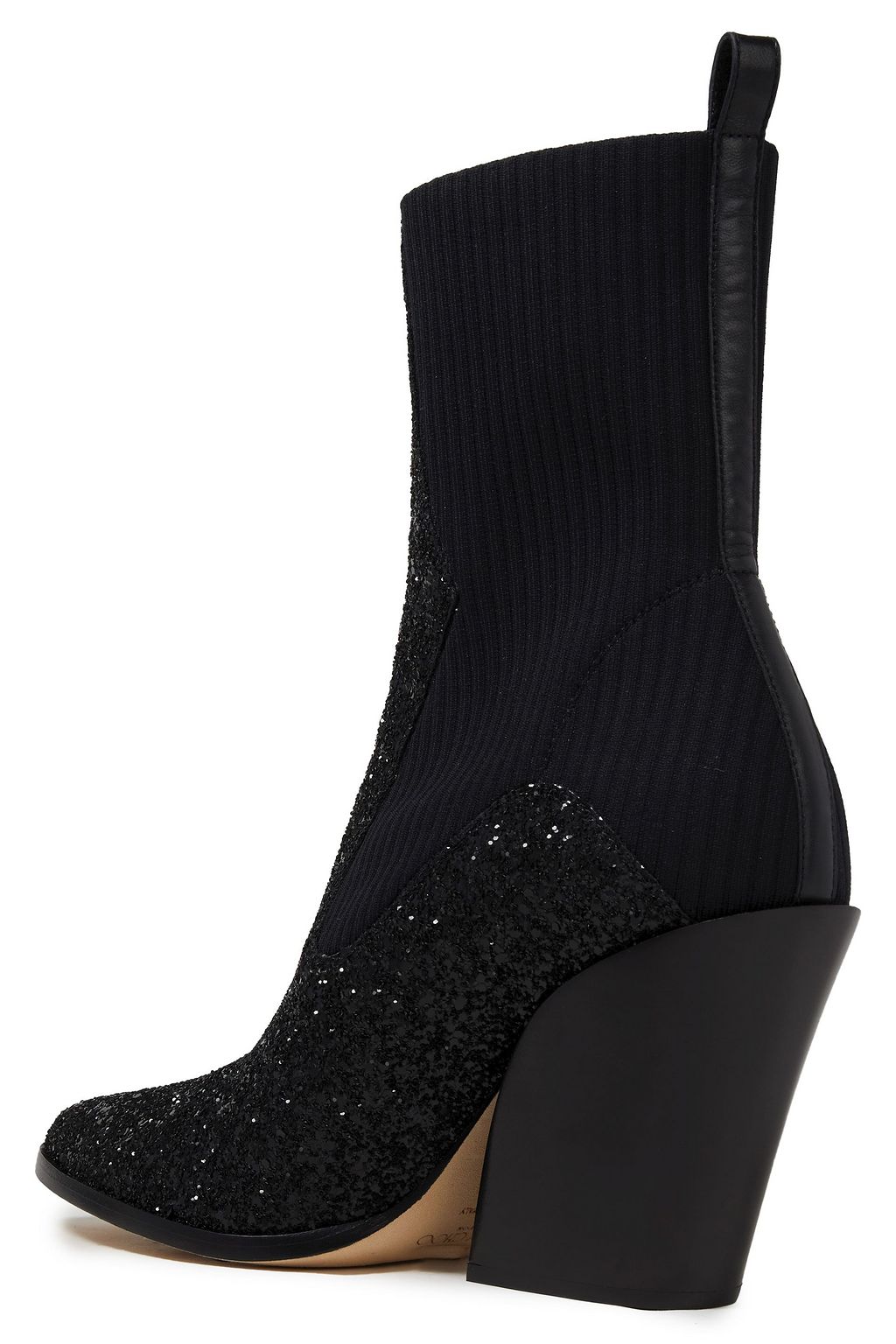 JIMMY CHOO Mele 85 leather-trimmed glittered stretch-knit ankle boots