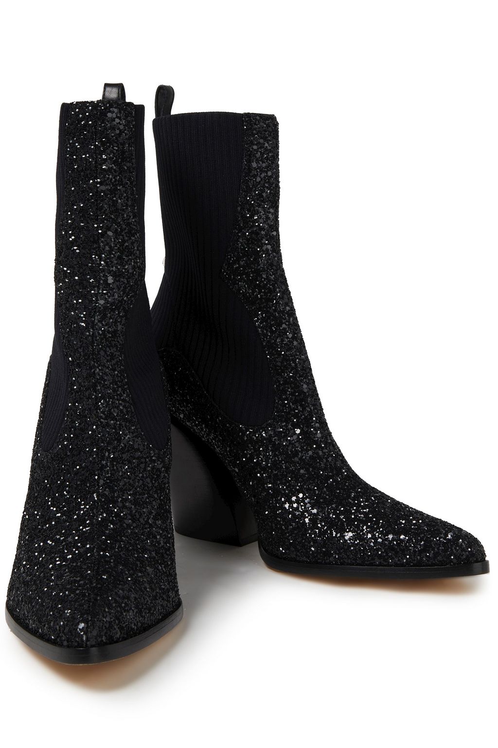 JIMMY CHOO Mele 85 leather-trimmed glittered stretch-knit ankle boots