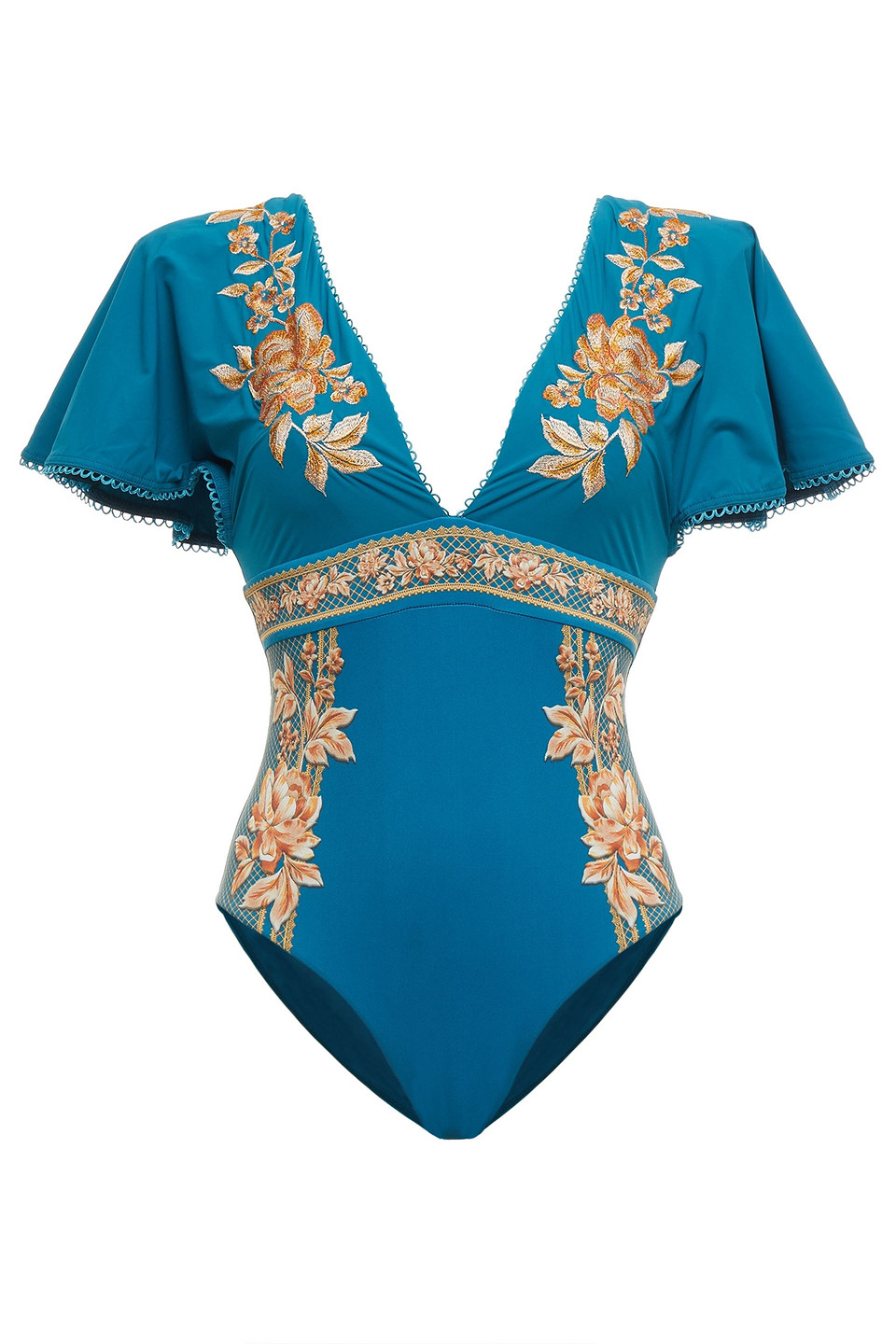 Jets Australia By Jessika Allen Woman Enchantment Plunge Embroidered Floral-print Swimsuit Teal Size 14