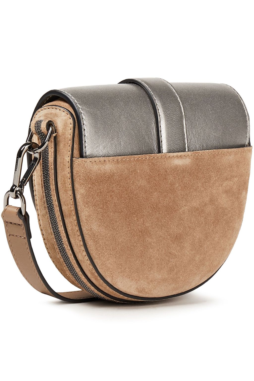 BRUNELLO CUCINELLI Bead-embellished metallic leather and suede shoulder bag