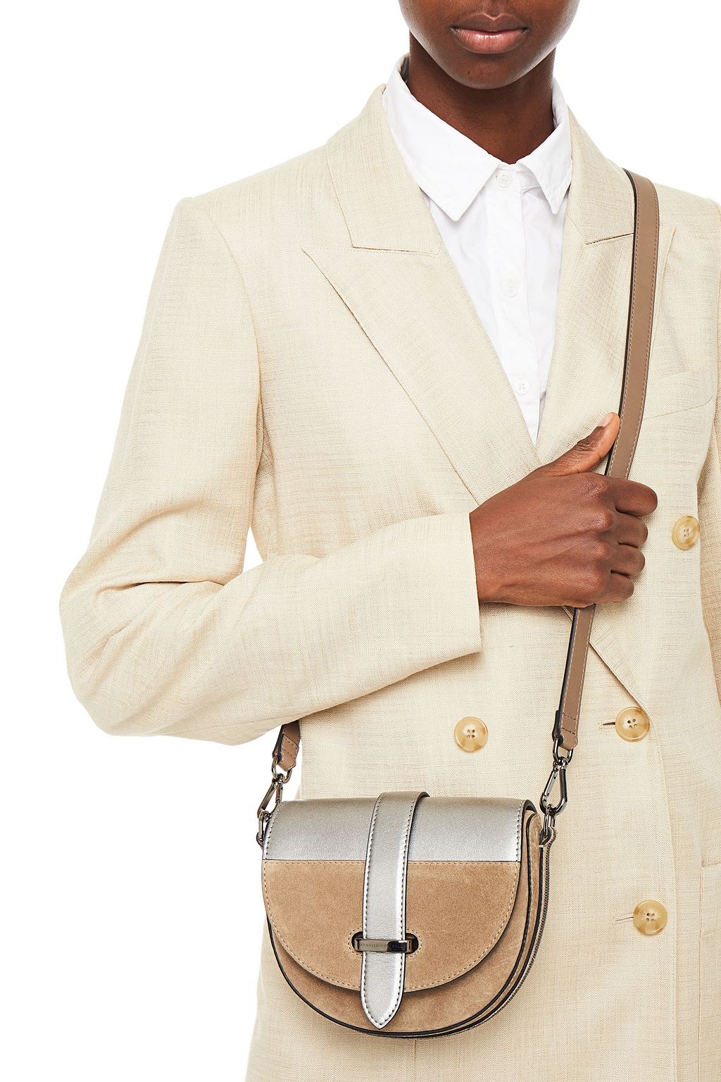 BRUNELLO CUCINELLI Bead-embellished metallic leather and suede shoulder bag