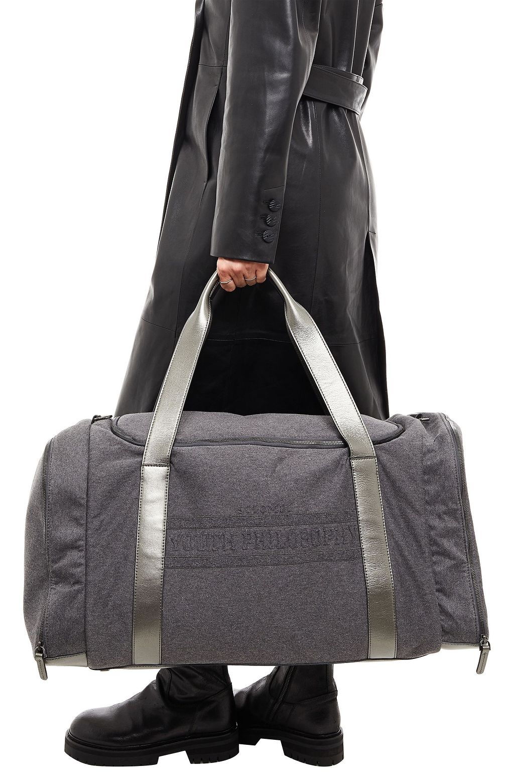 BRUNELLO CUCINELLI Leather-trimmed bead-embellished flannel weekend bag