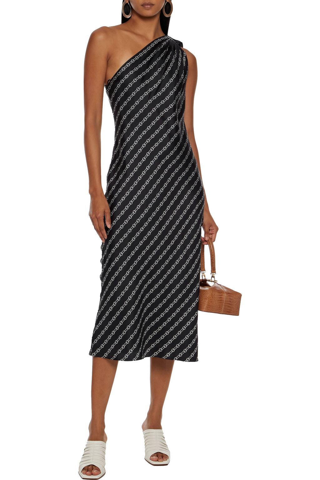 THEORY One-shoulder printed silk-twill midi dress