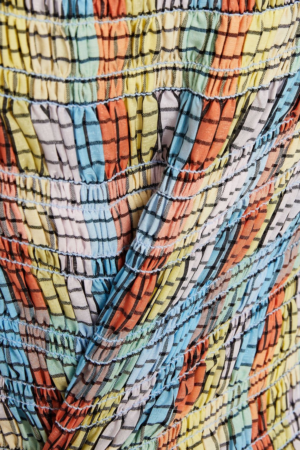 GANNI Shirred checked cotton-blend seersucker blouse