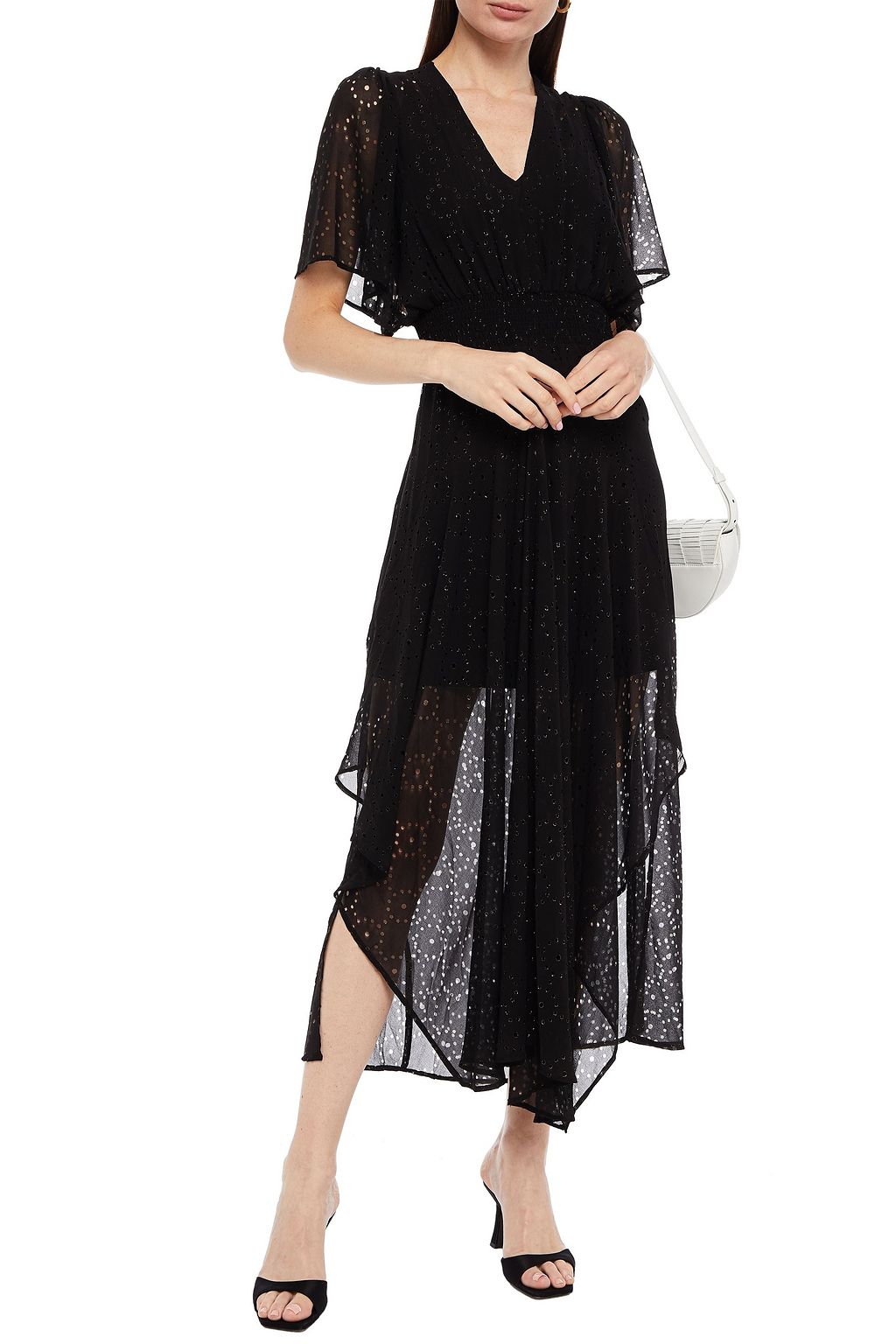 MAJE Shirred laser-cut silk-blend chiffon midi dress