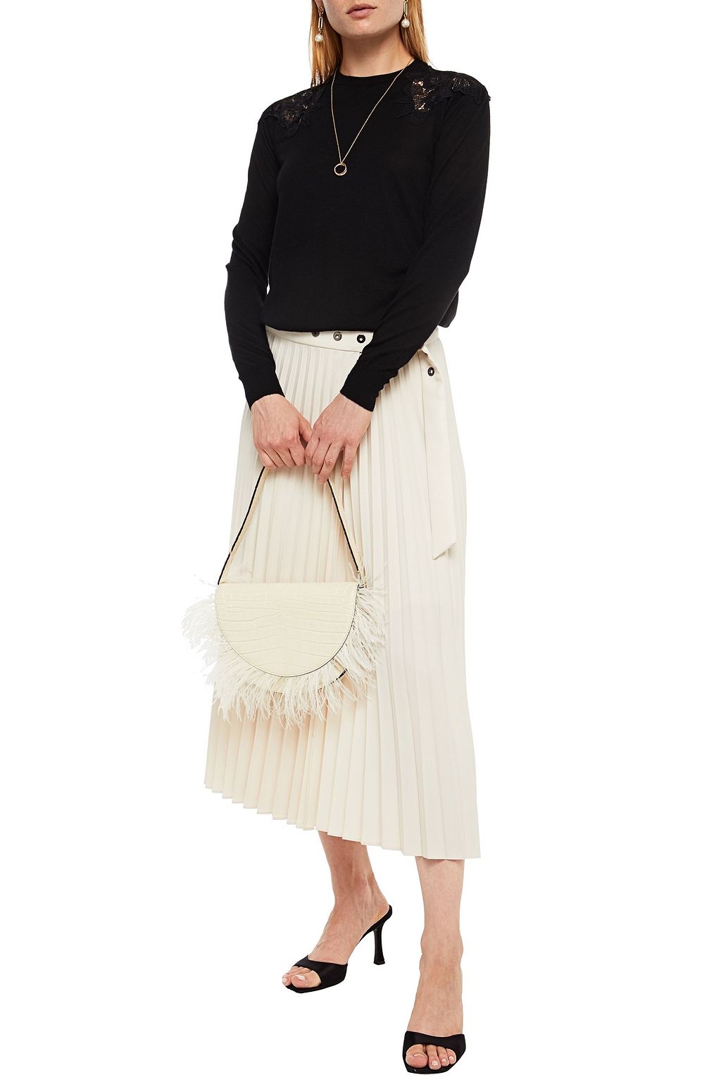 LELA ROSE Guipure lace-paneled wool and silk-blend sweater