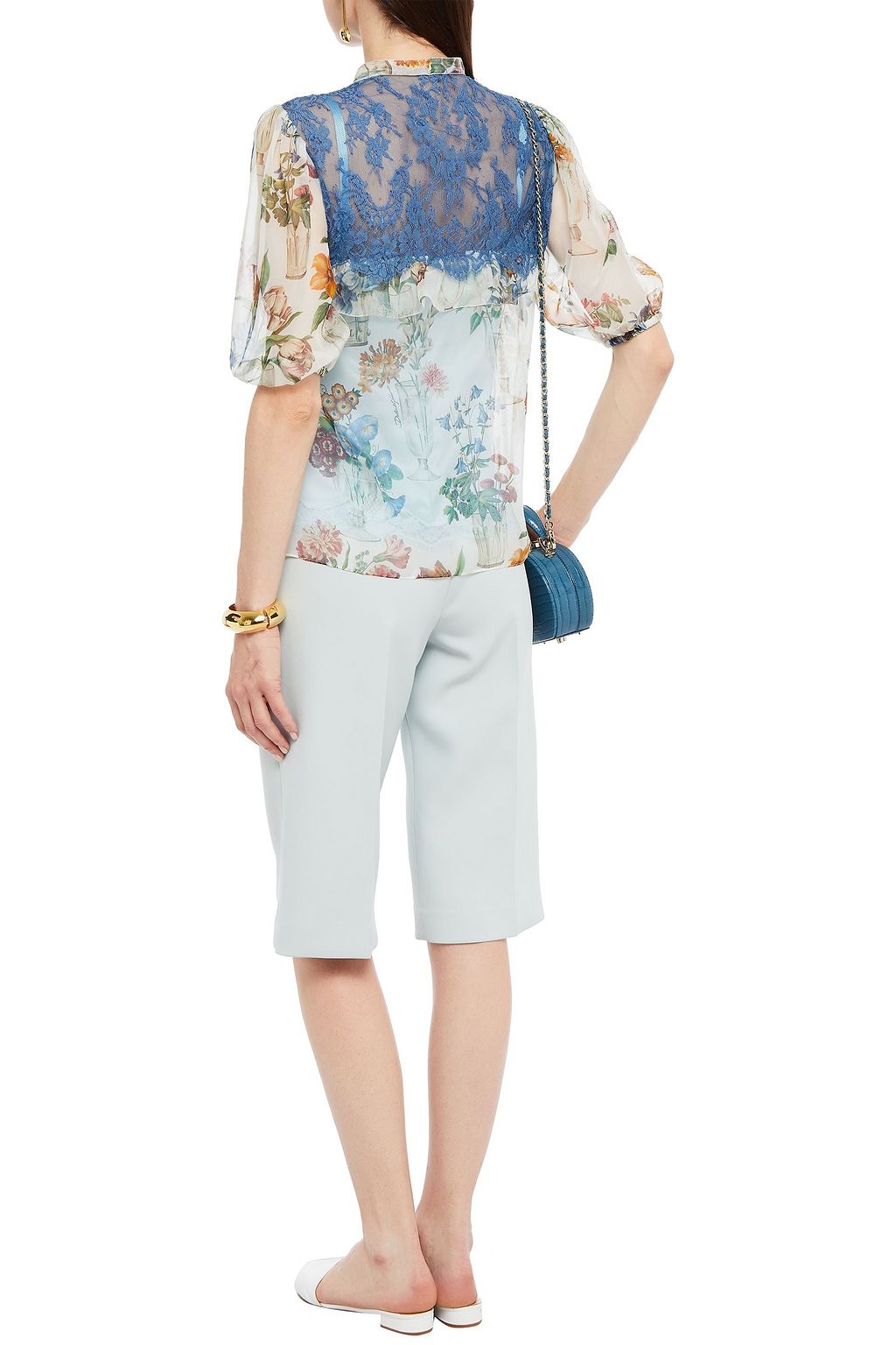 DOLCE&GABBANA Pussy-bow lace-paneled floral-print silk-blend voile top