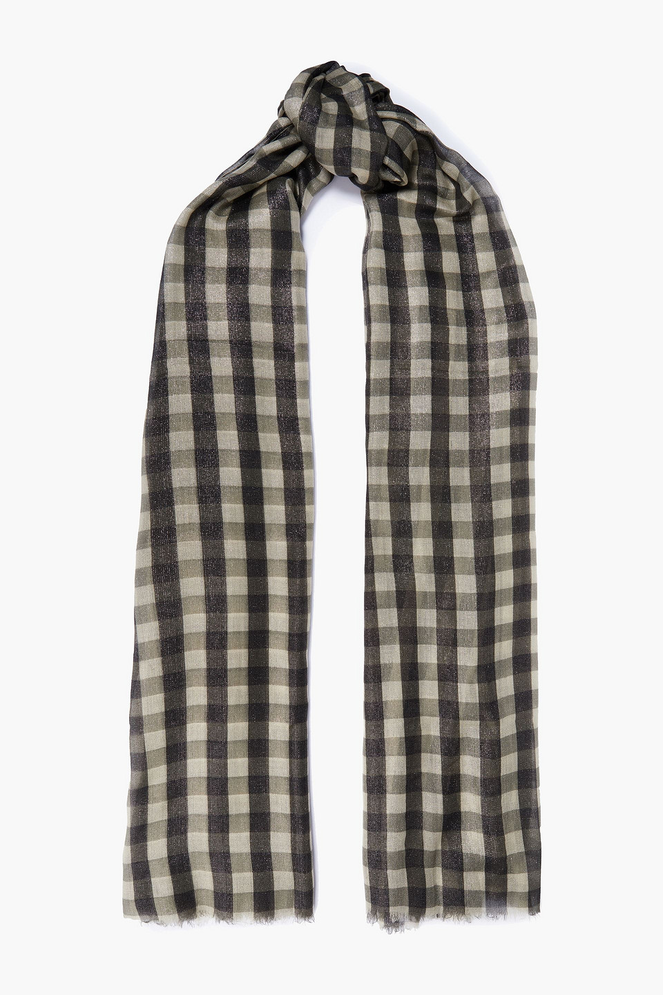 Brunello Cucinelli Frayed Gingham Metallic Cashmere-blend Gauze Scarf In Grey