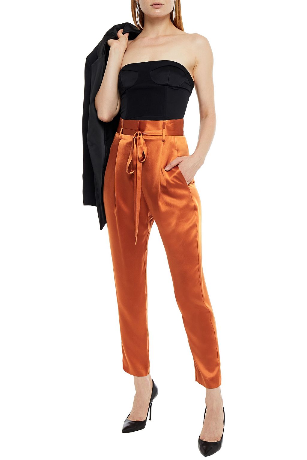 MICHELLE MASON Belted pleated silk-charmeuse tapered pants