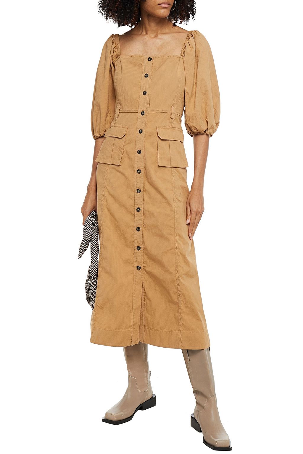 GANNI Gathered cotton-blend midi dress