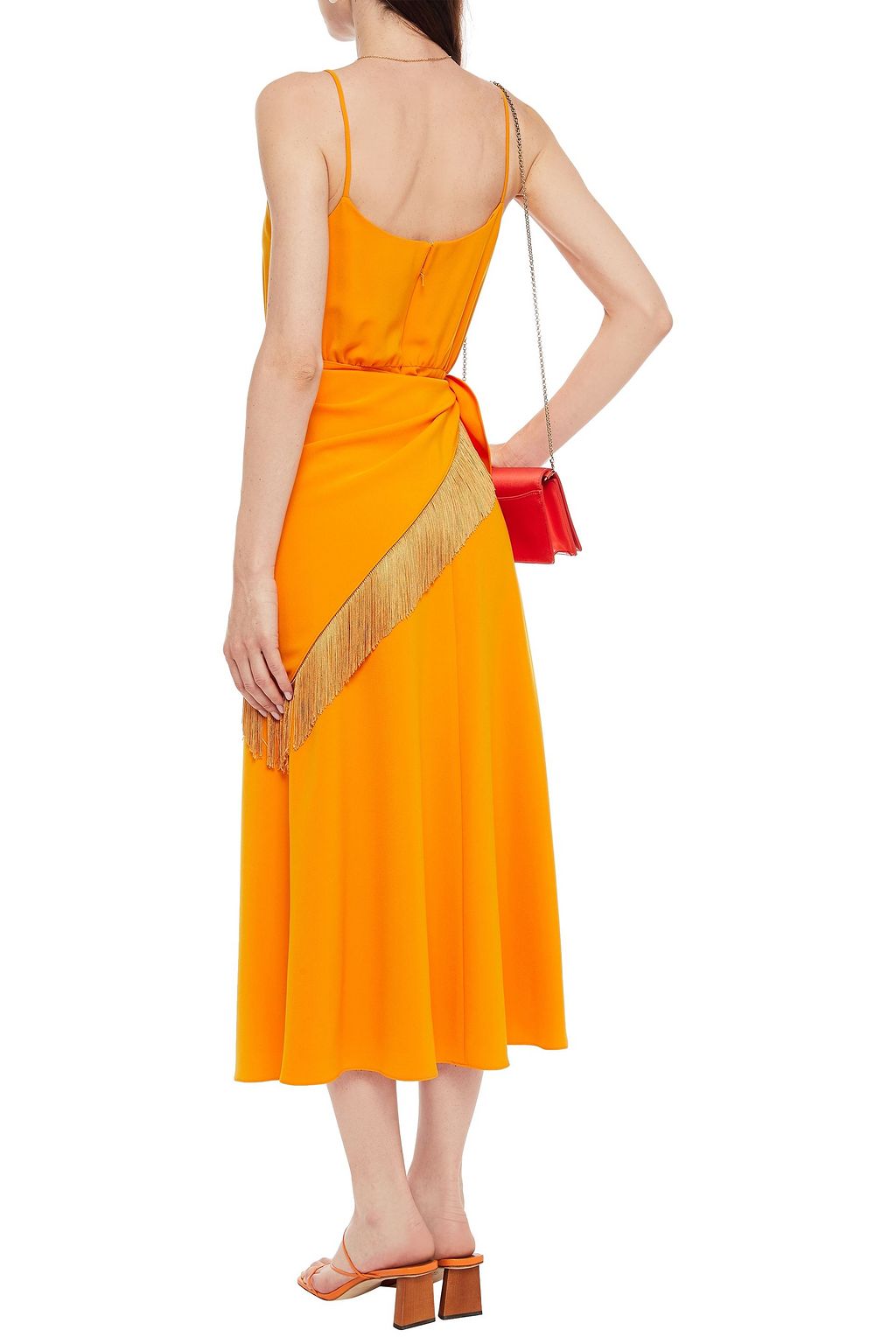 LELA ROSE Fringed gathered crepe midi dress