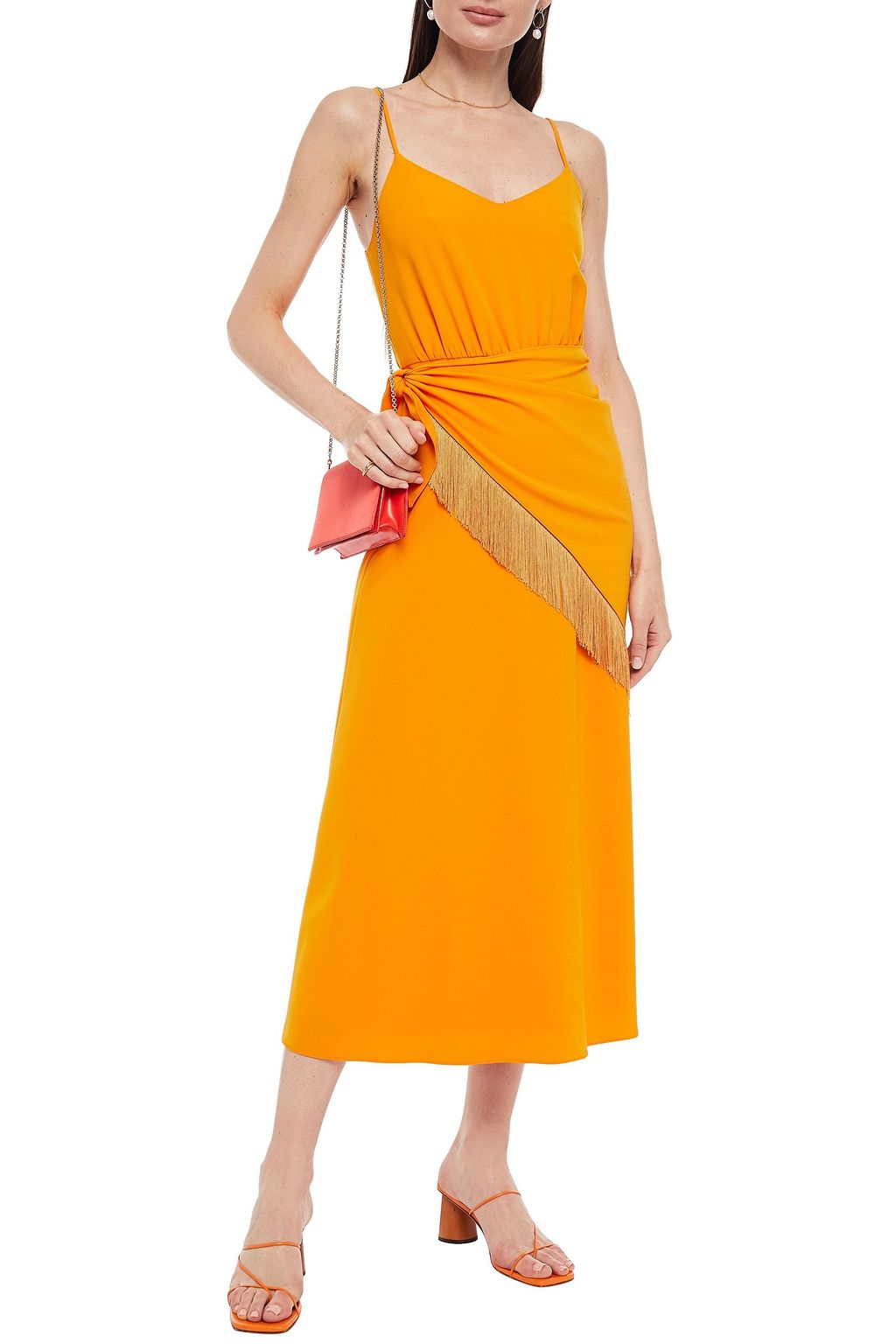 LELA ROSE Fringed gathered crepe midi dress