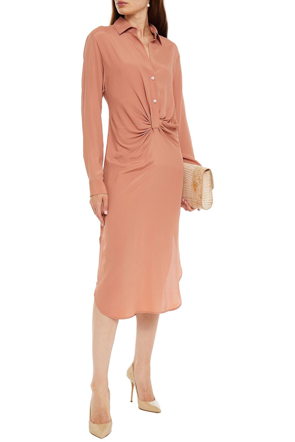 HALSTON Maeve twist-front crepe de chine midi shirt dress